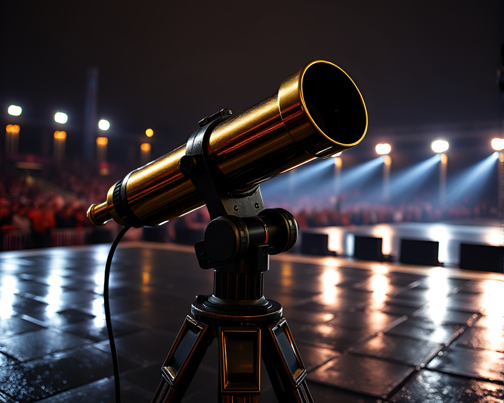 Brass Telescope Under Concert Stage Lights on Wet Pavement – free AI stock image