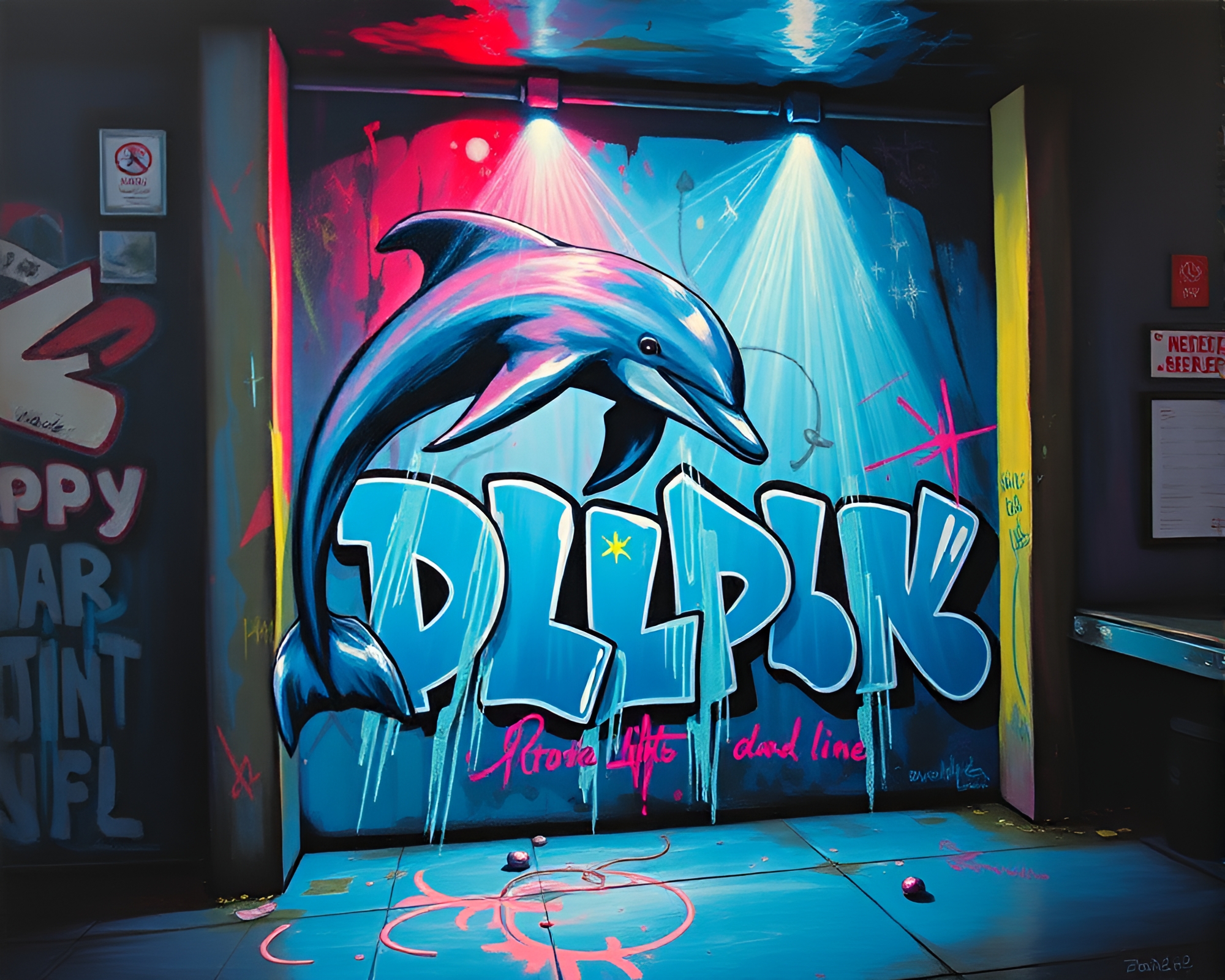 Psychedelic Dolphin Mural under Strobe Lights – free AI stock image