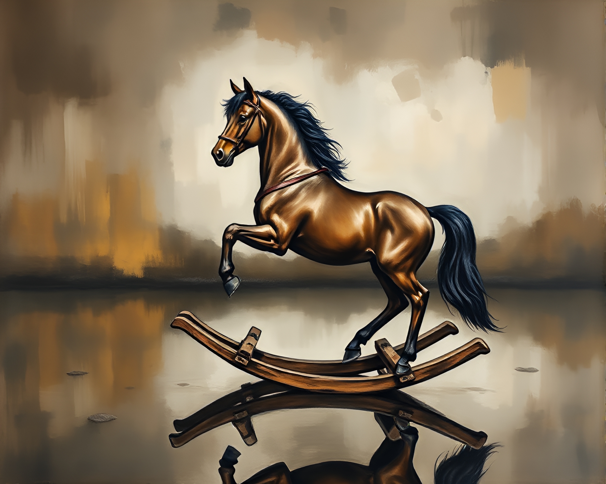 Wooden Rocking Horse Reflecting on Volcanic Ash – free AI stock image