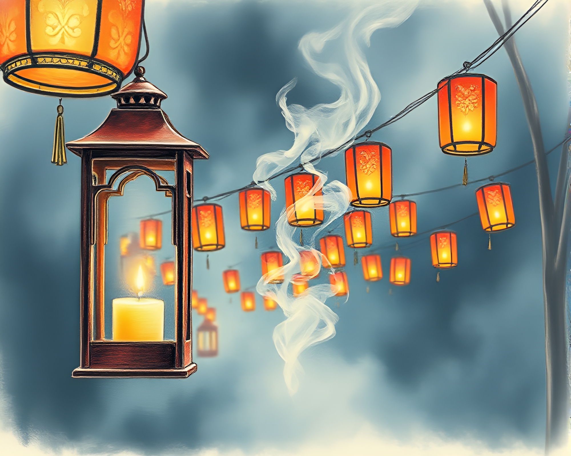 Ethereal Candle Smoke Lanterns Sketch – free AI stock image