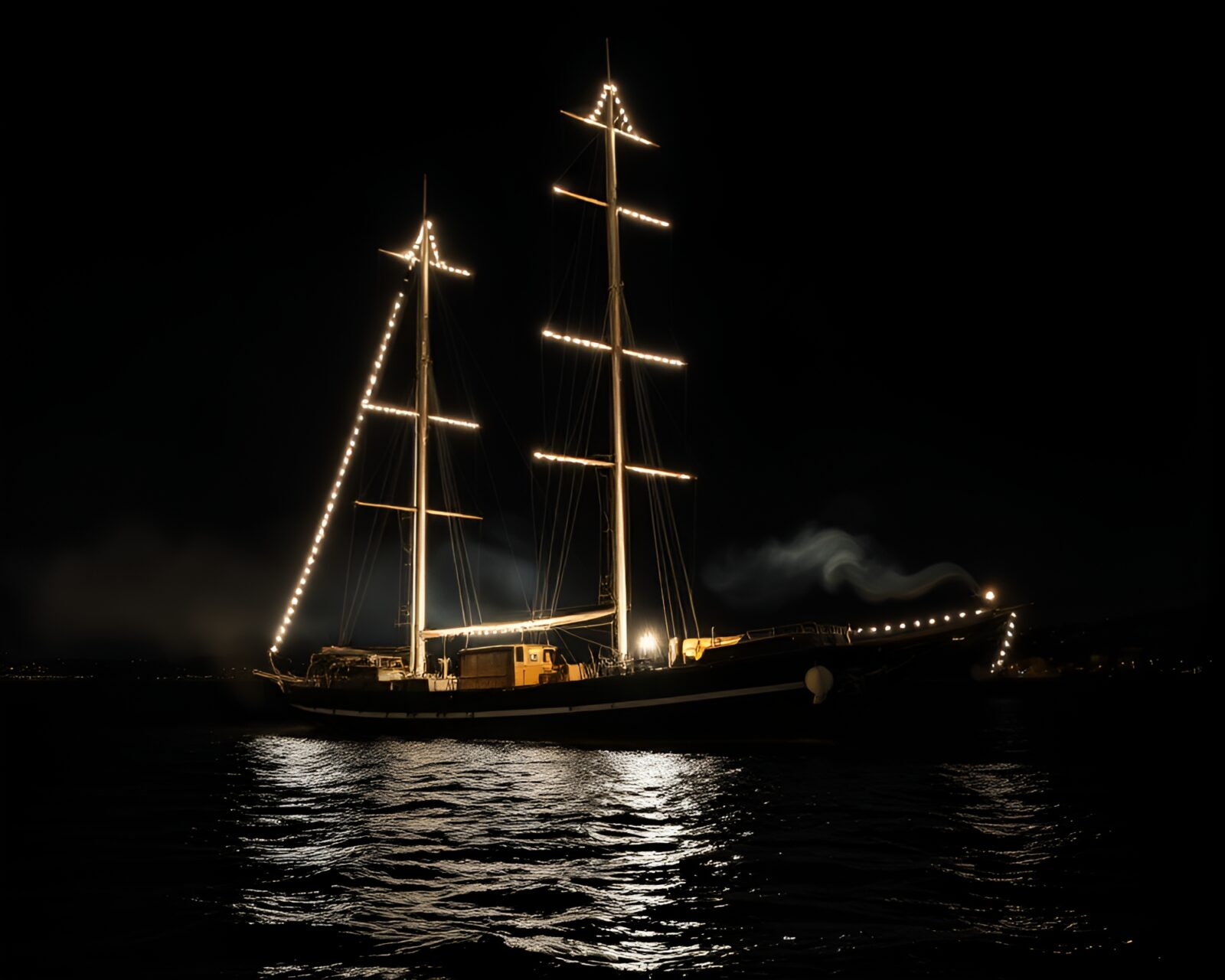 Abstract art featuring classic ship emerging from smoke rings