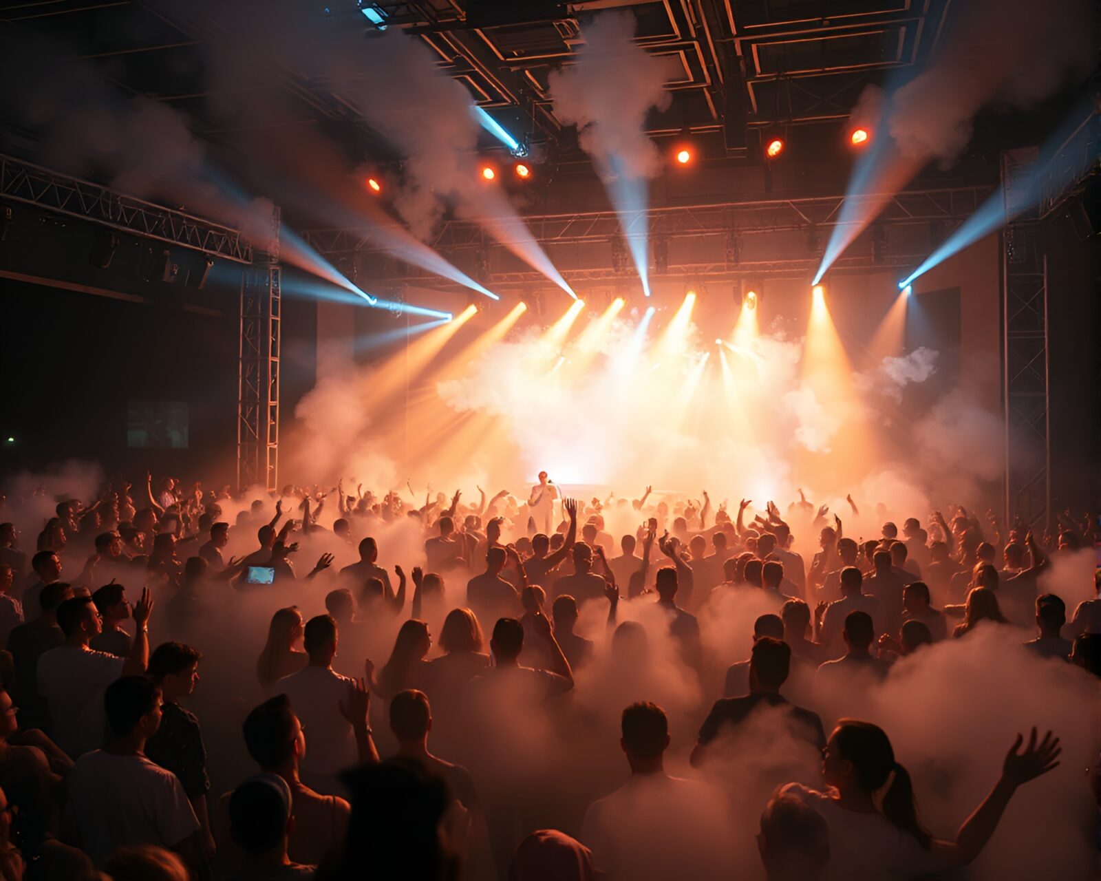 Nanobots engulfed in steam vapor under concert lights