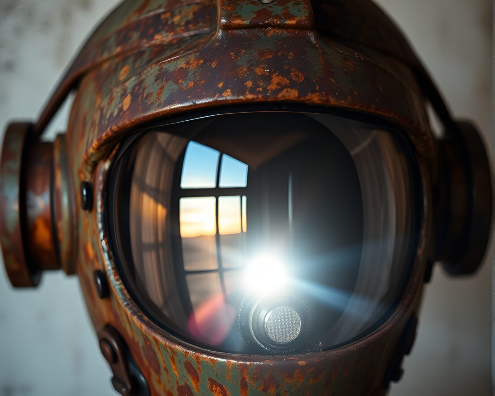 Rust-covered helmet reflecting colorful prisms in contrasting shadows