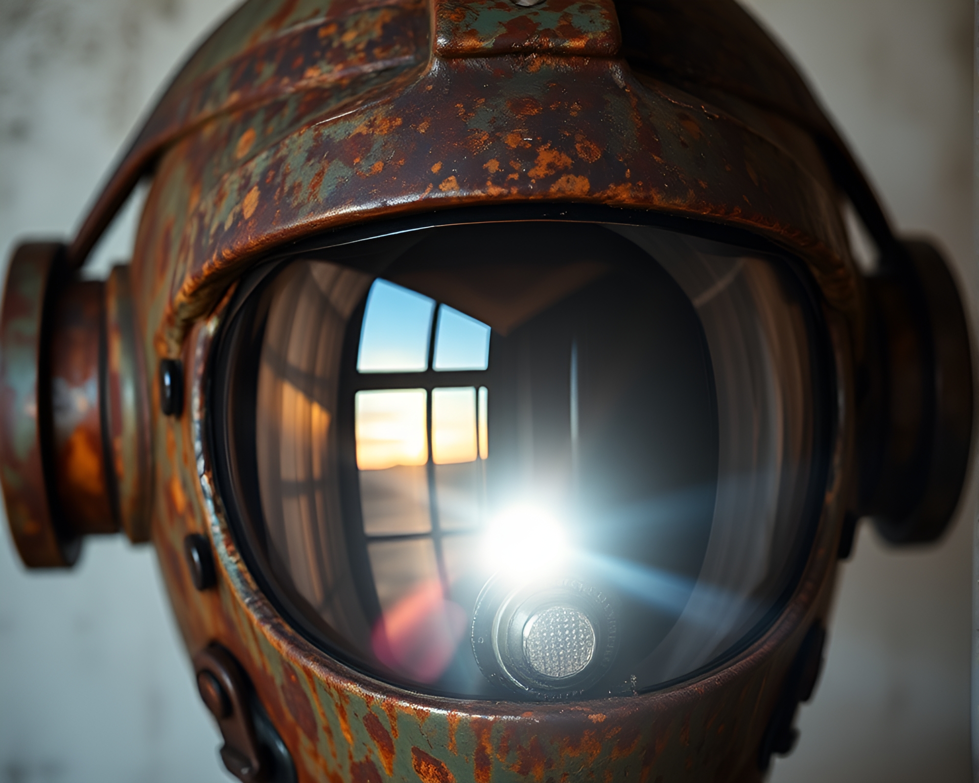 Rust Patina Helmet in Prism Refraction Light – free AI stock image