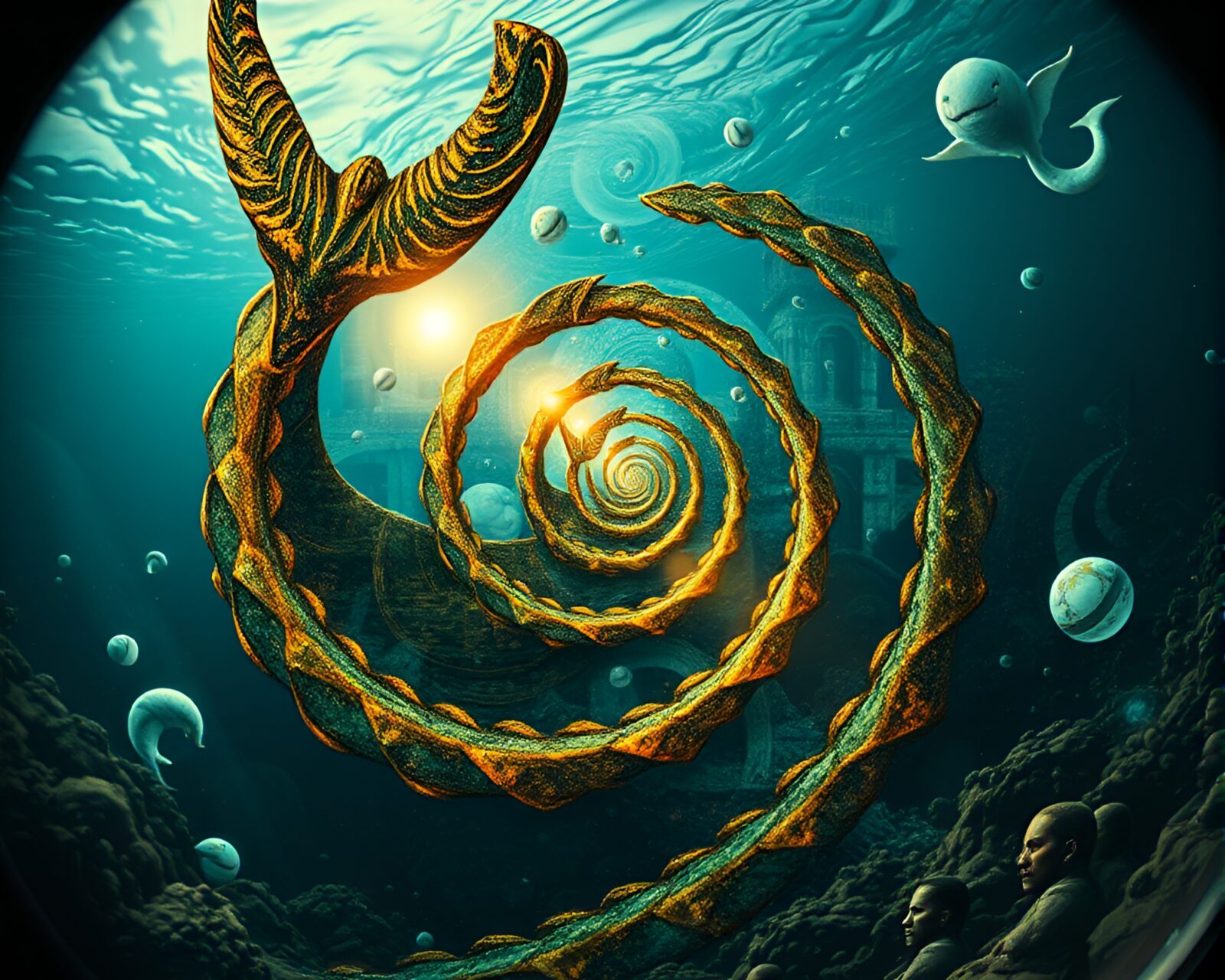 Majestic Leviathan engulfed by ethereal spirals of light and dark