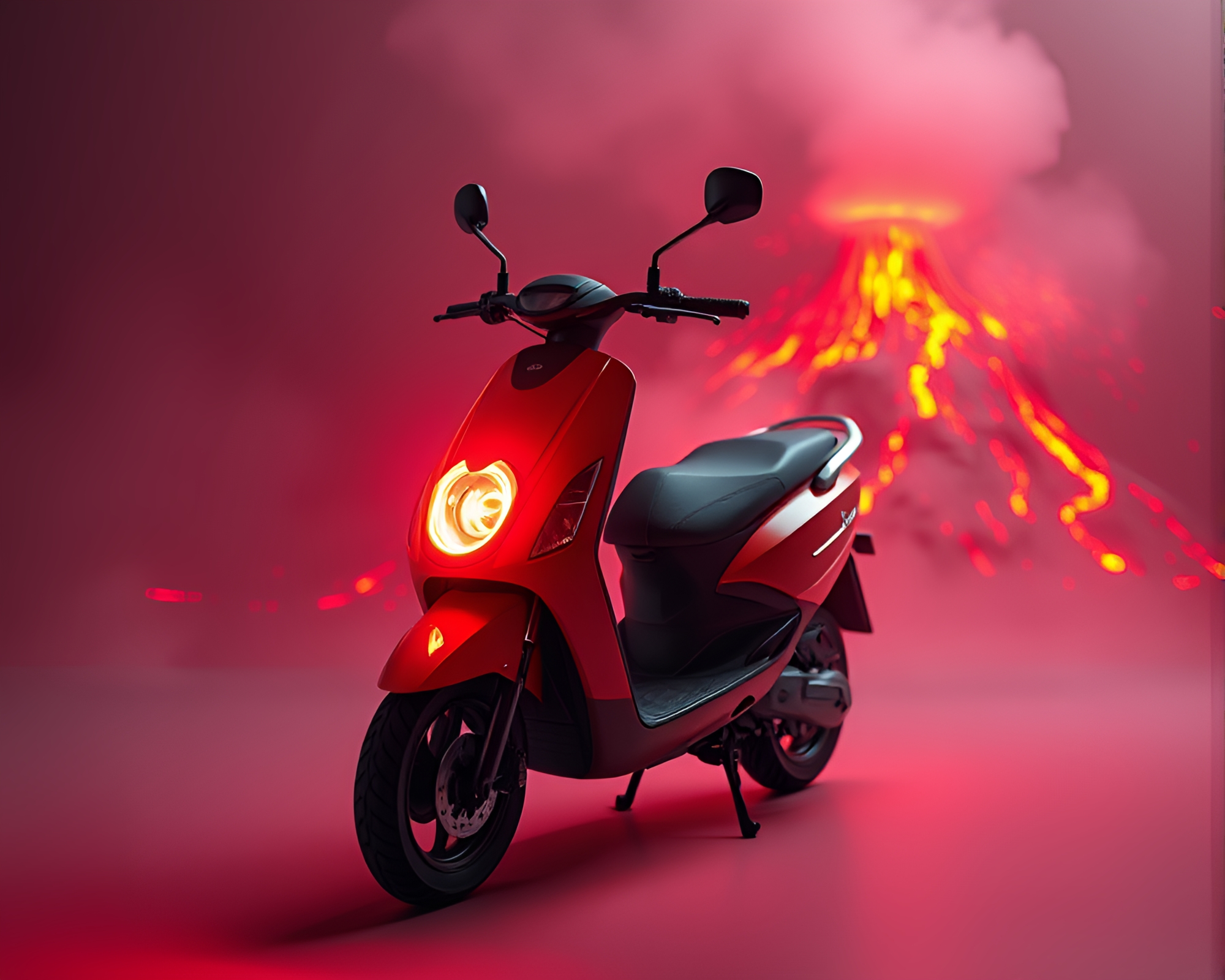 Futuristic Electric Scooter in Volcanic Red Particles Studio Shot – free AI stock image
