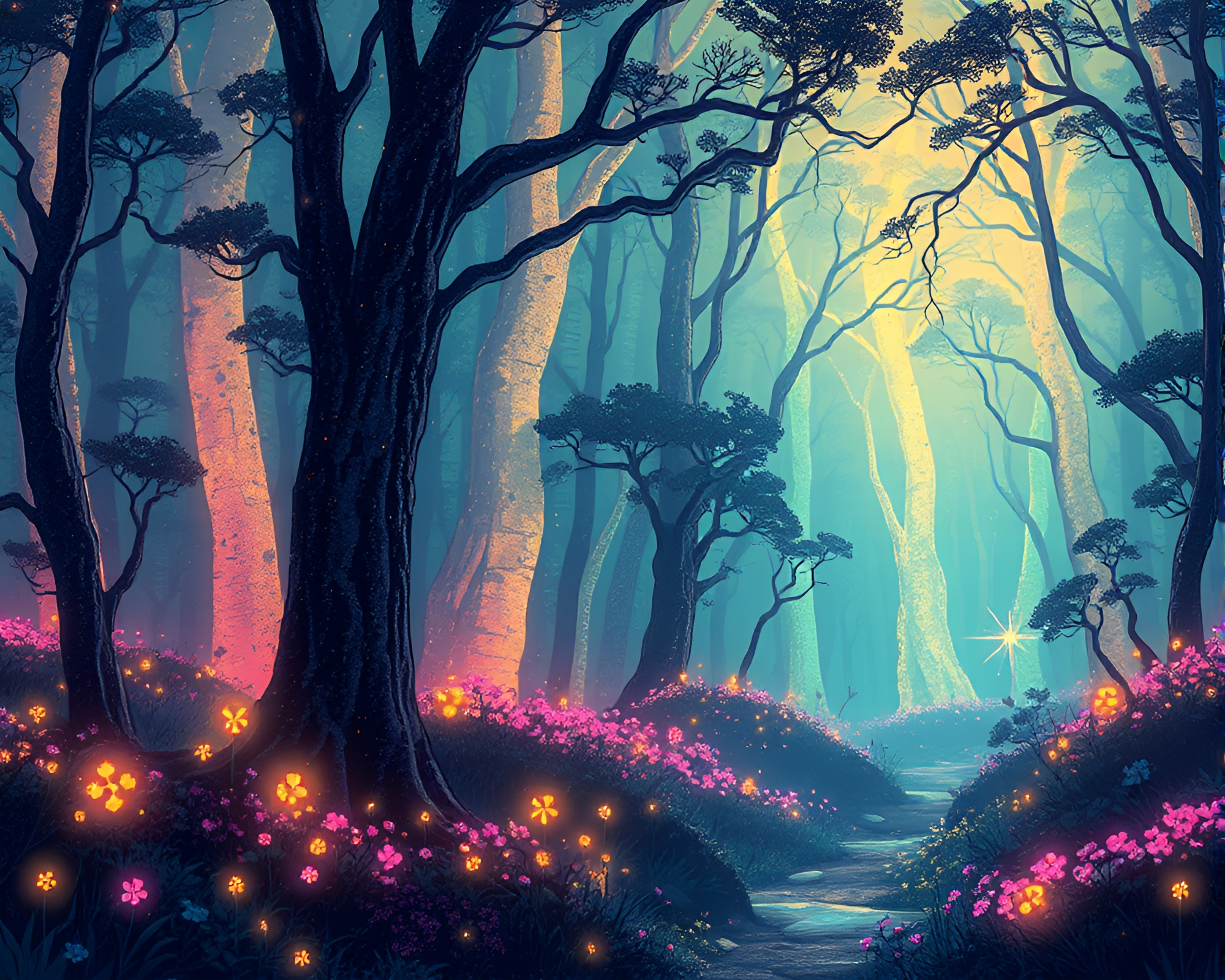 Futuristic Bioluminescent Forest with Gold Foil Accents – free AI stock image