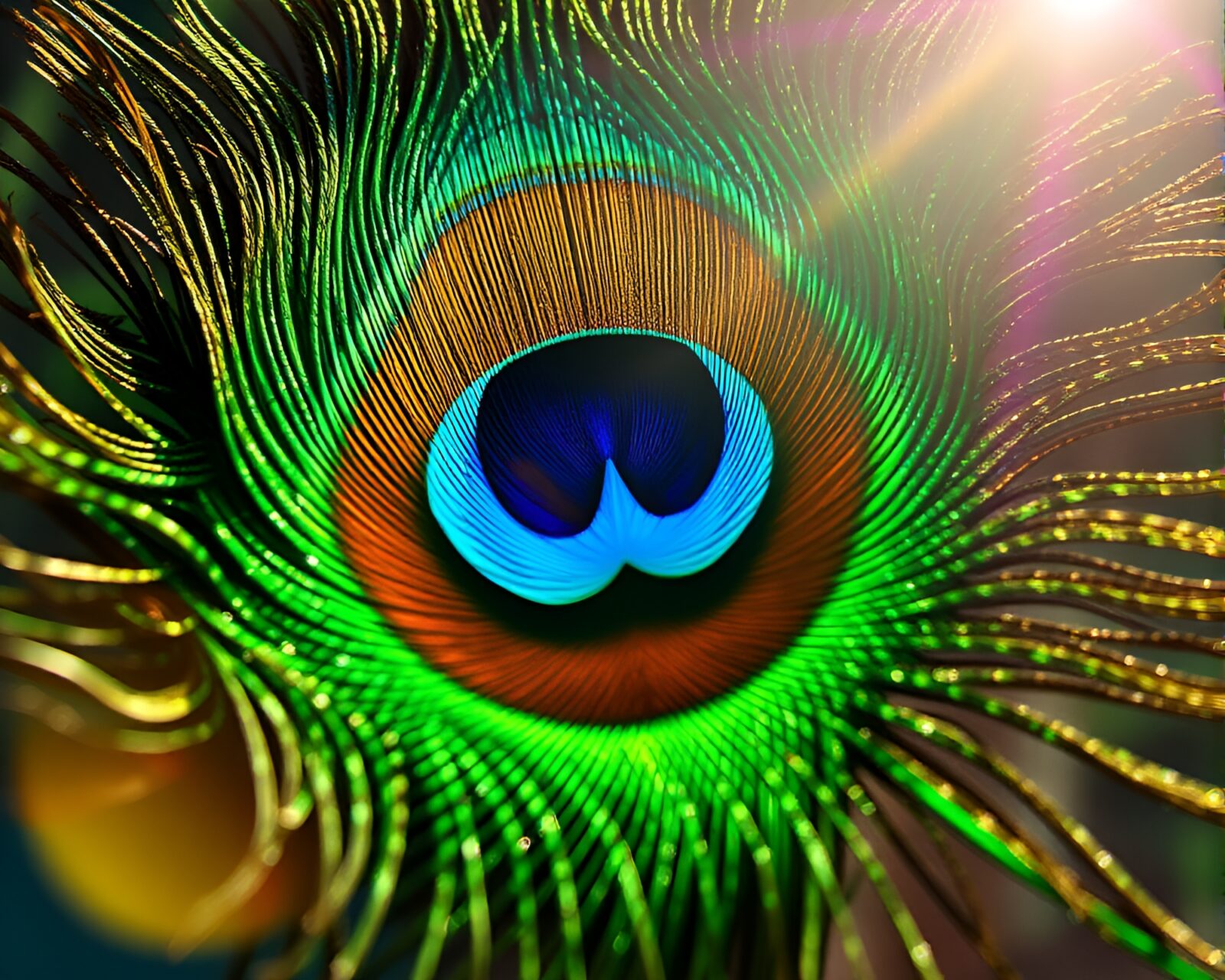 Sparkling peacock feather with dazzling topaz radiance and flare