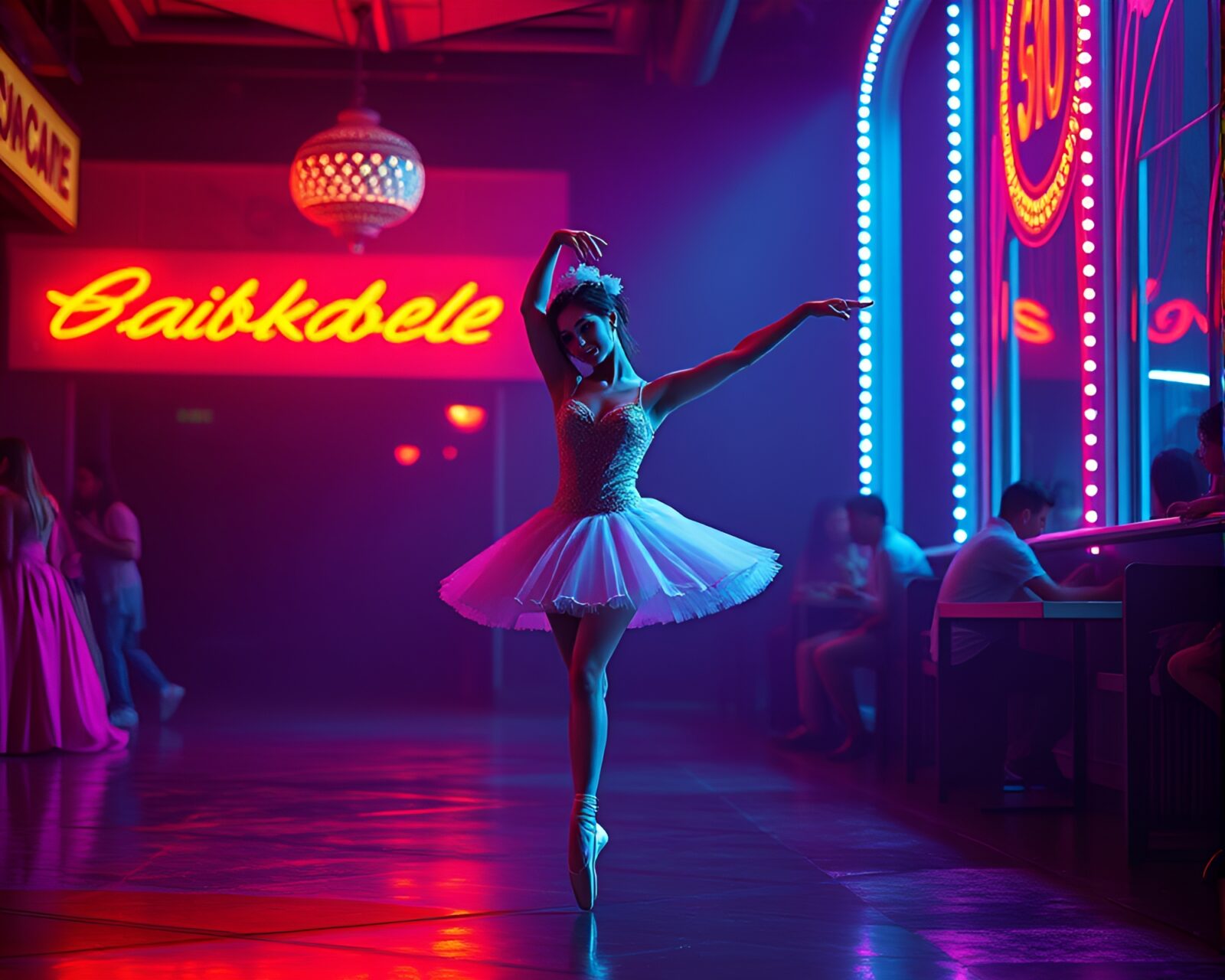 Vibrant retrowave ballerina in a dreamy, muted environment