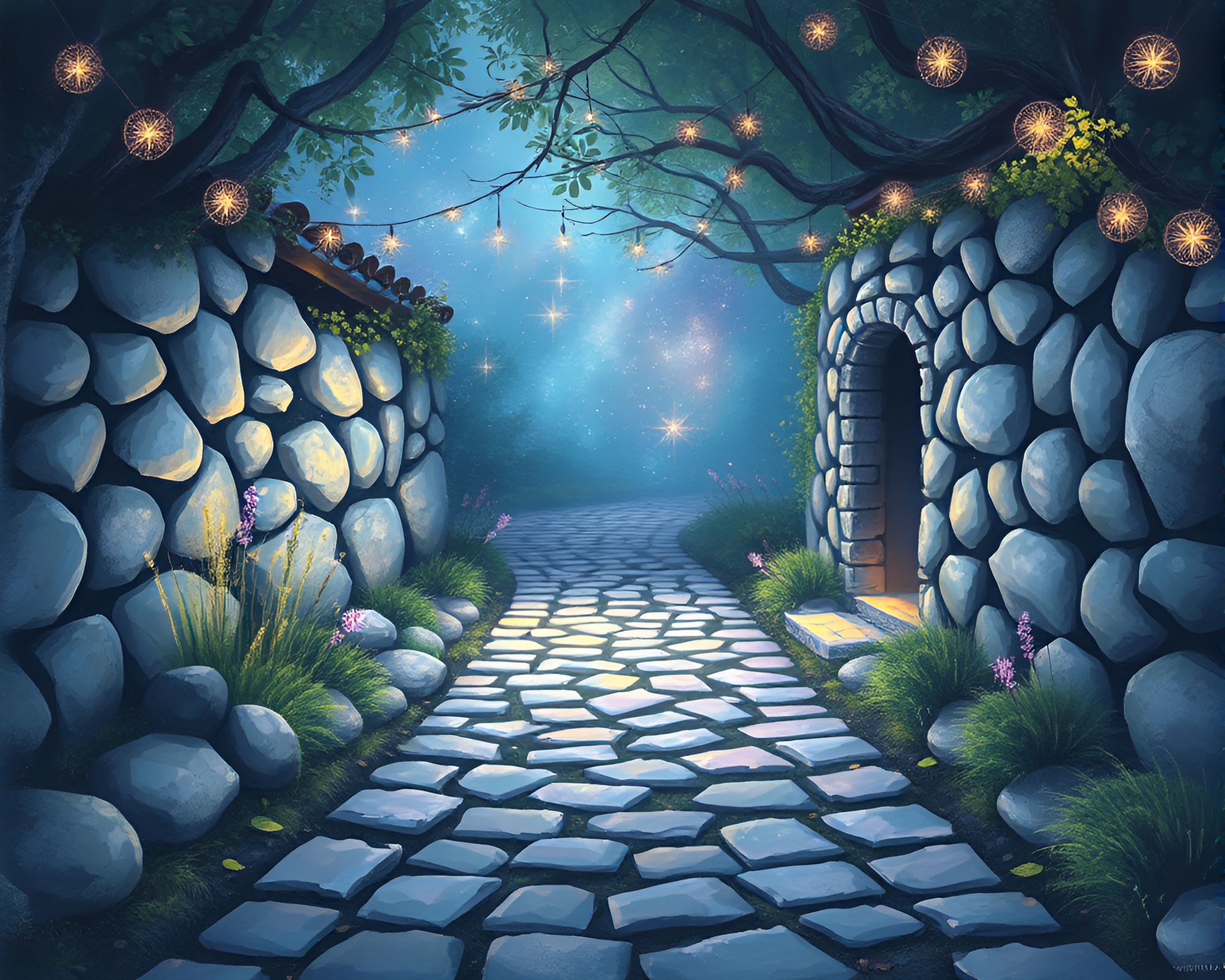 Cobblestone Path in Pastel Space Habitat with Fairy Lights – free AI stock image