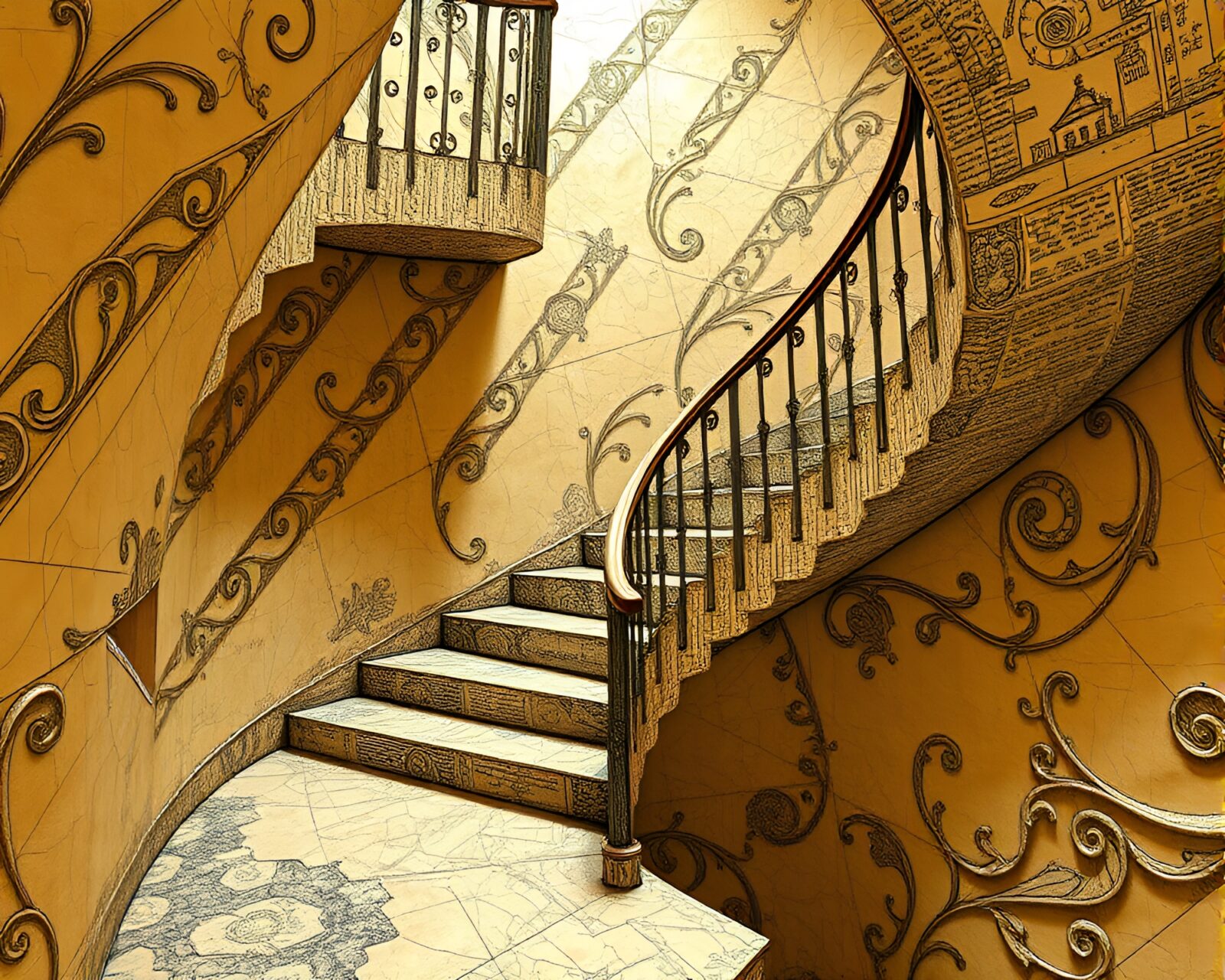 Intricate etching of Escher staircase with savannah hues