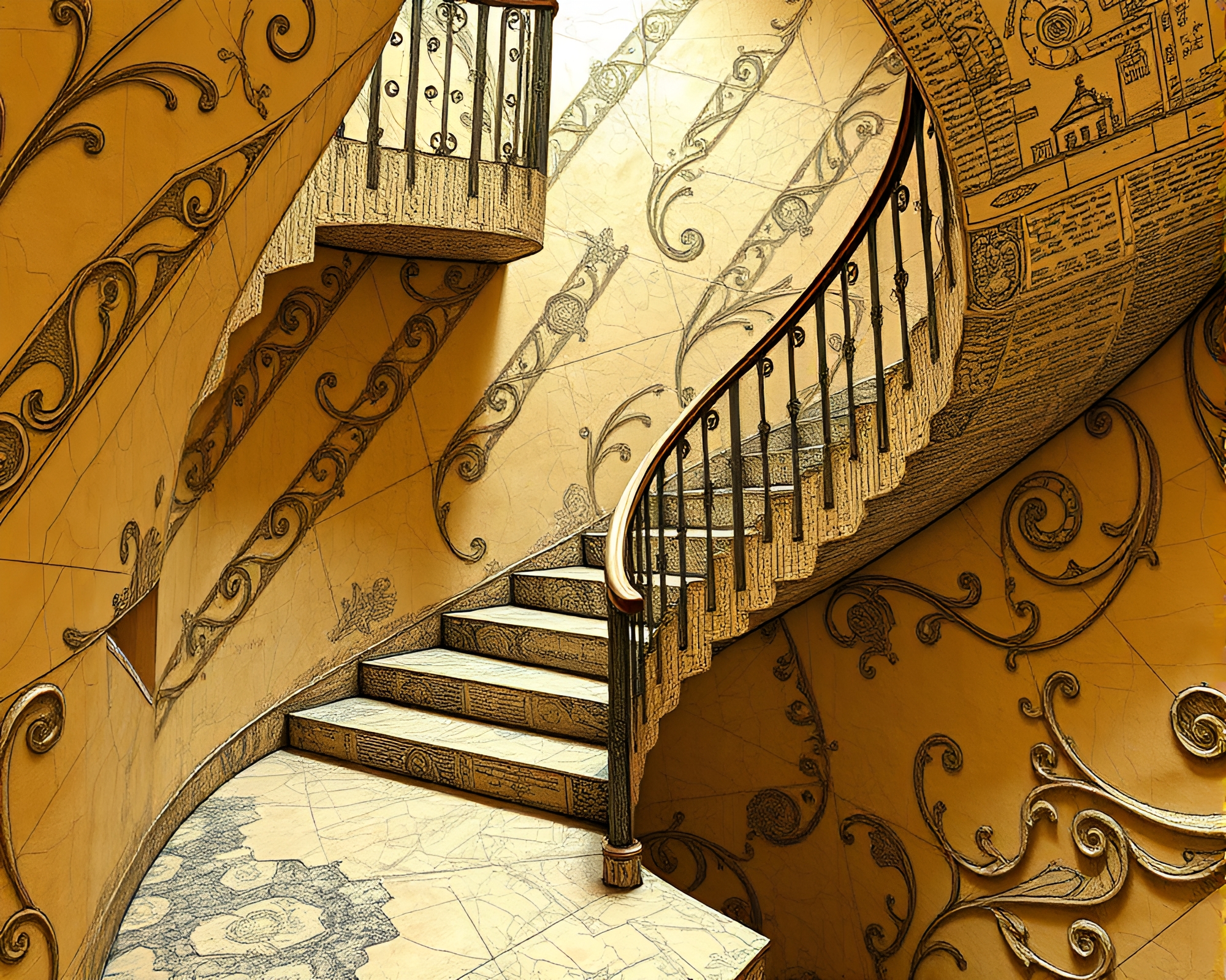 Savannah Gold Escher Staircase on Etched Paper – free AI stock image
