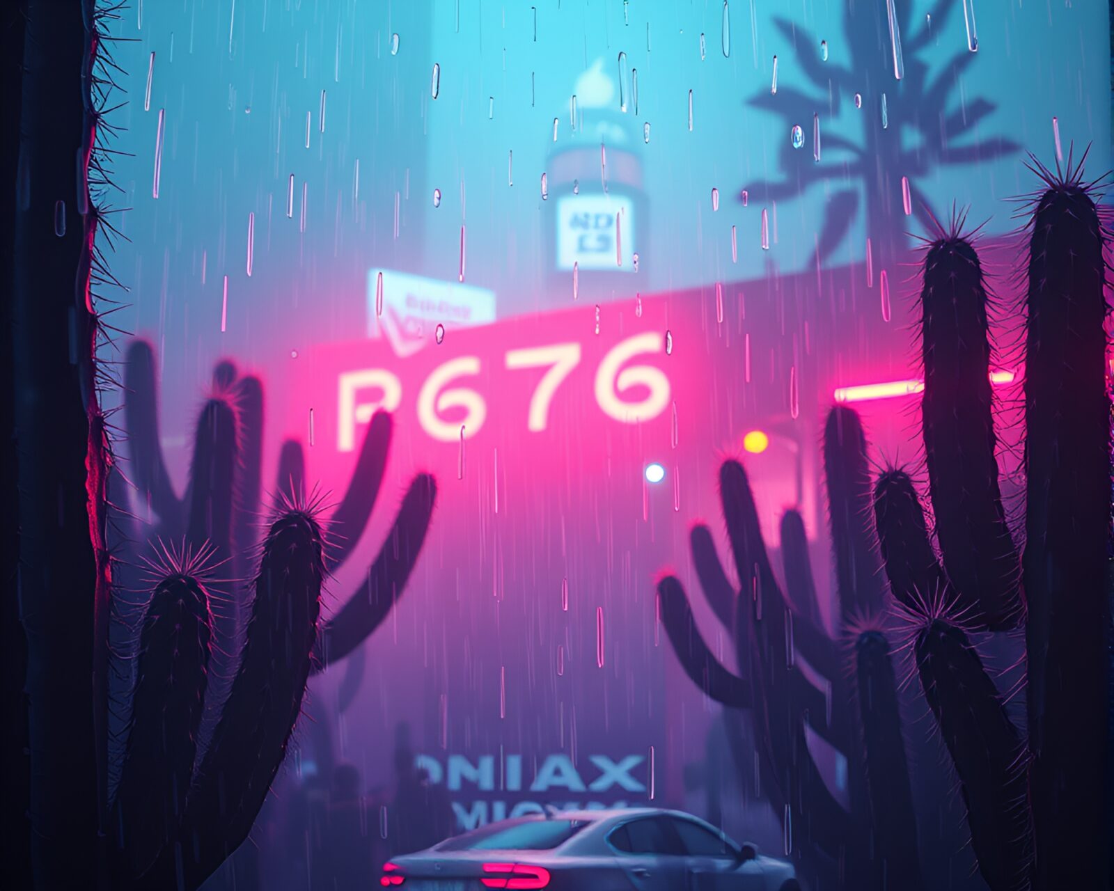 Vibrant cactus illuminated by neon lights in the rain