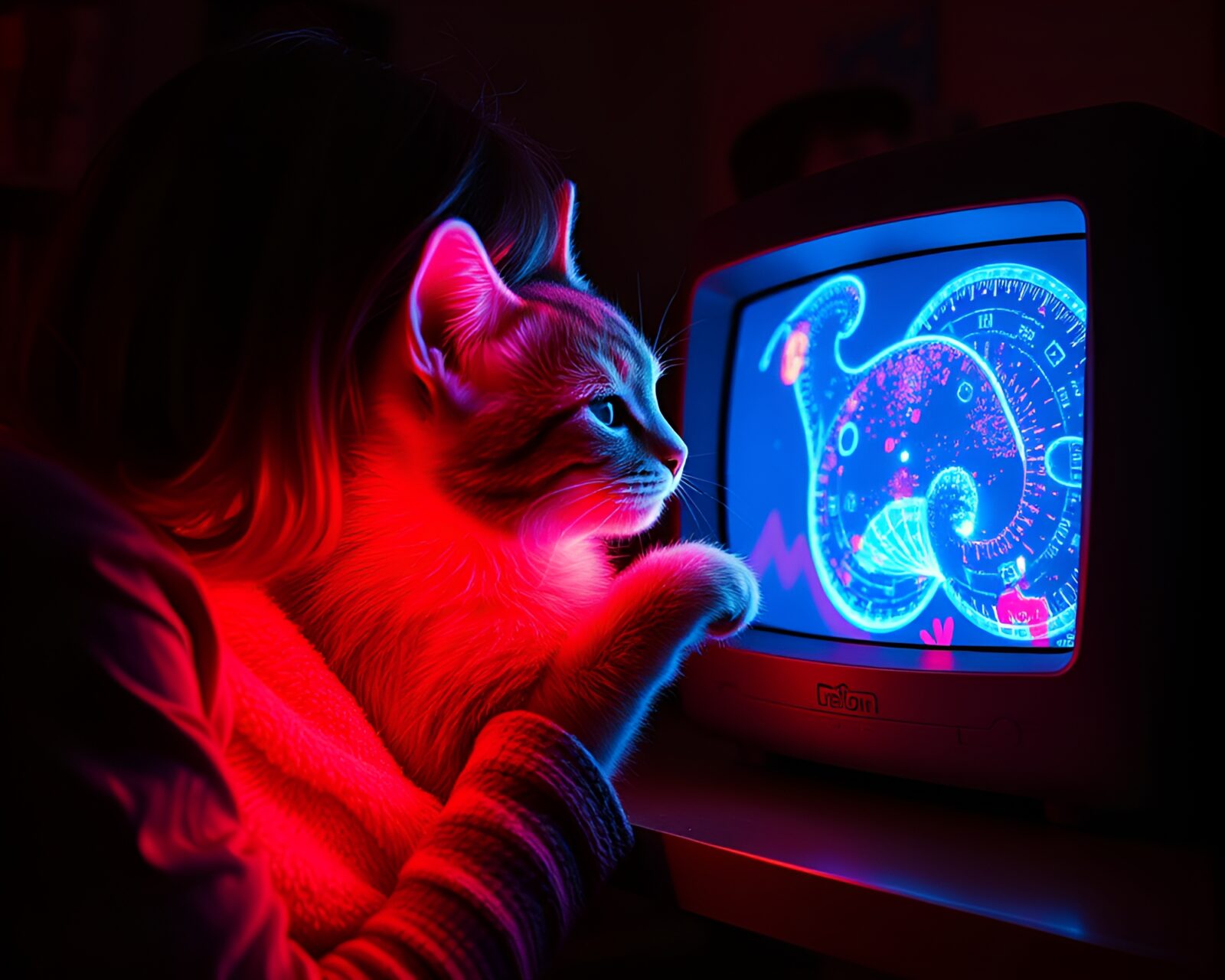 A vibrant holographic cat glowing in LED lights.