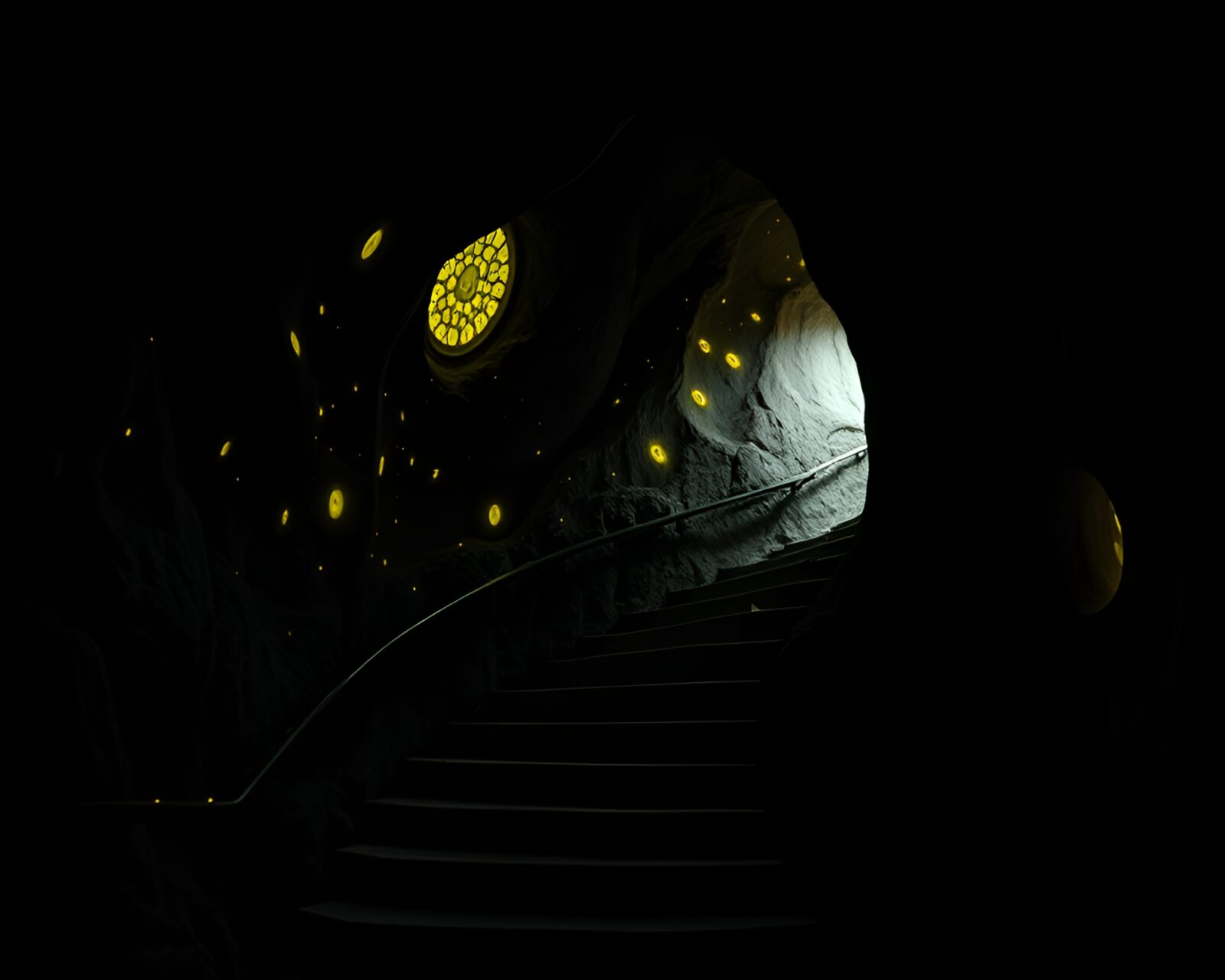 A dark, mysterious cave entrance with Escher staircase and mildew spots