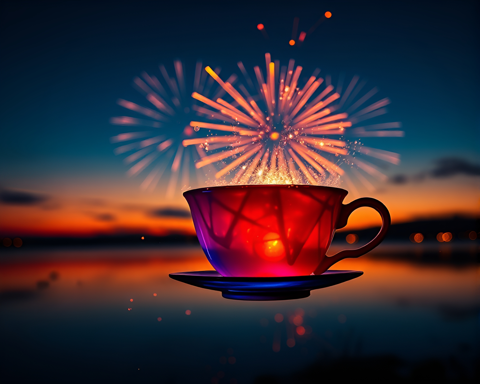 Enchanting Floating Tea Cup amidst Sunset Fireworks – free AI stock image