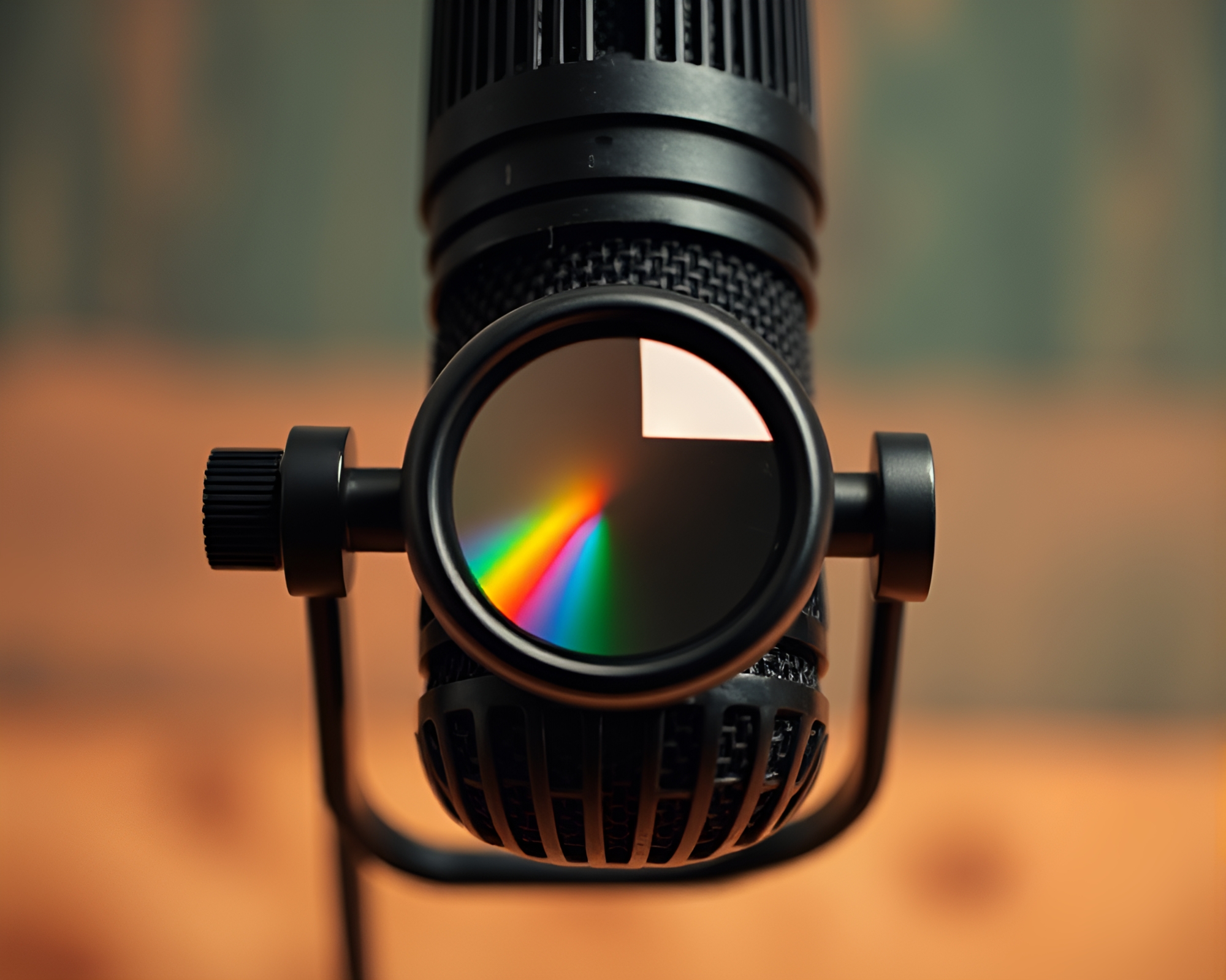 Prism Refraction: Microphone Wood Grain Composition – free AI stock image