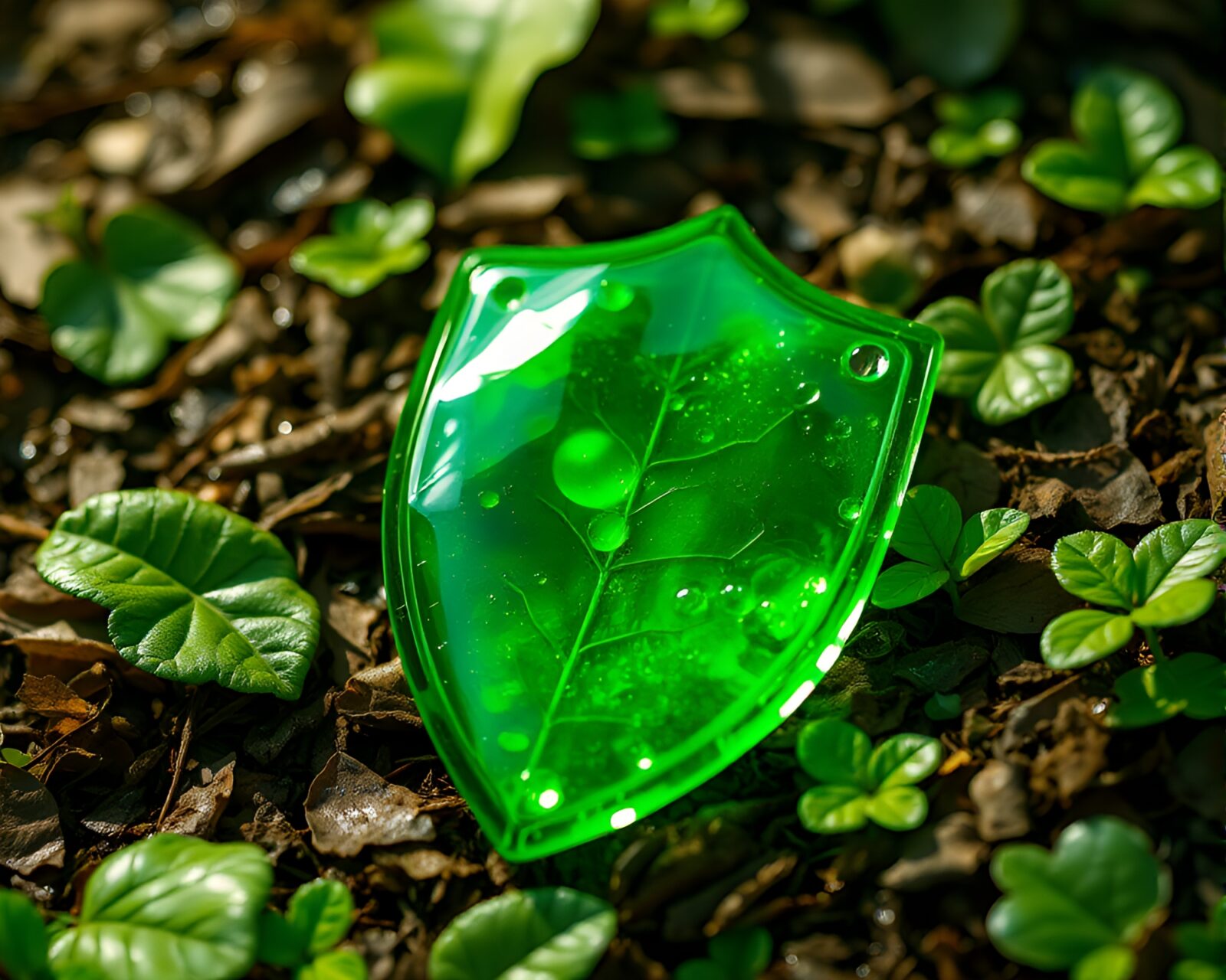 Fluid emerald green shield on leaf litter background