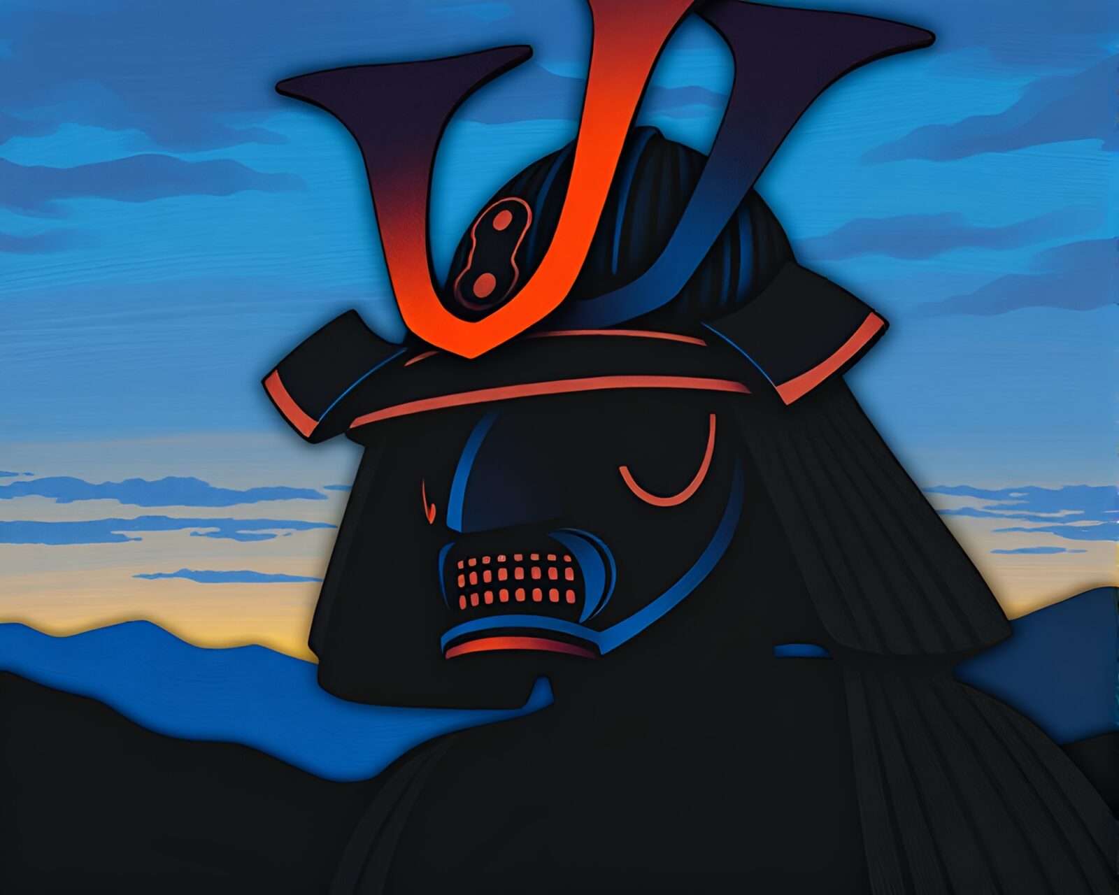 Oil impasto ridges forming paper-cutout Samurai helmet at dusk