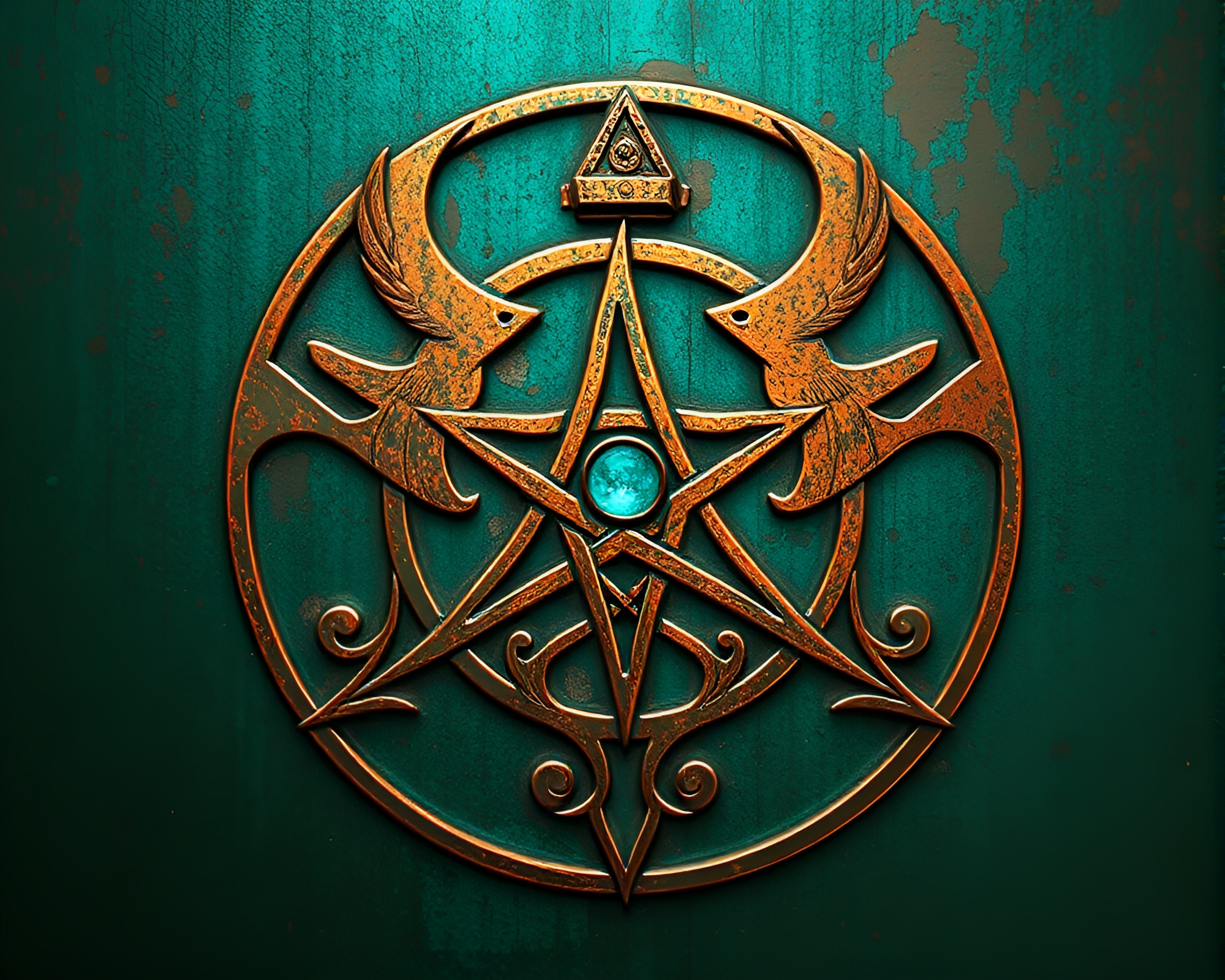 Copper Verdigris Sigil Bathed in Pixelated Light – free AI stock image