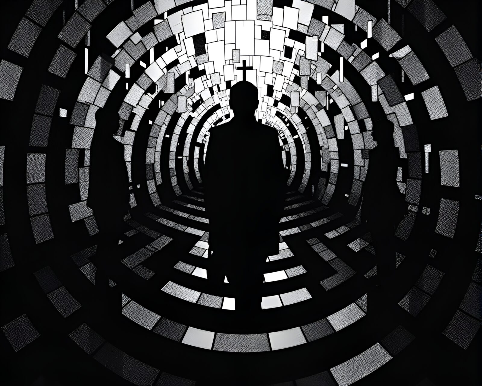 Dark silhouetted figure navigating through maze of shattered mirrors