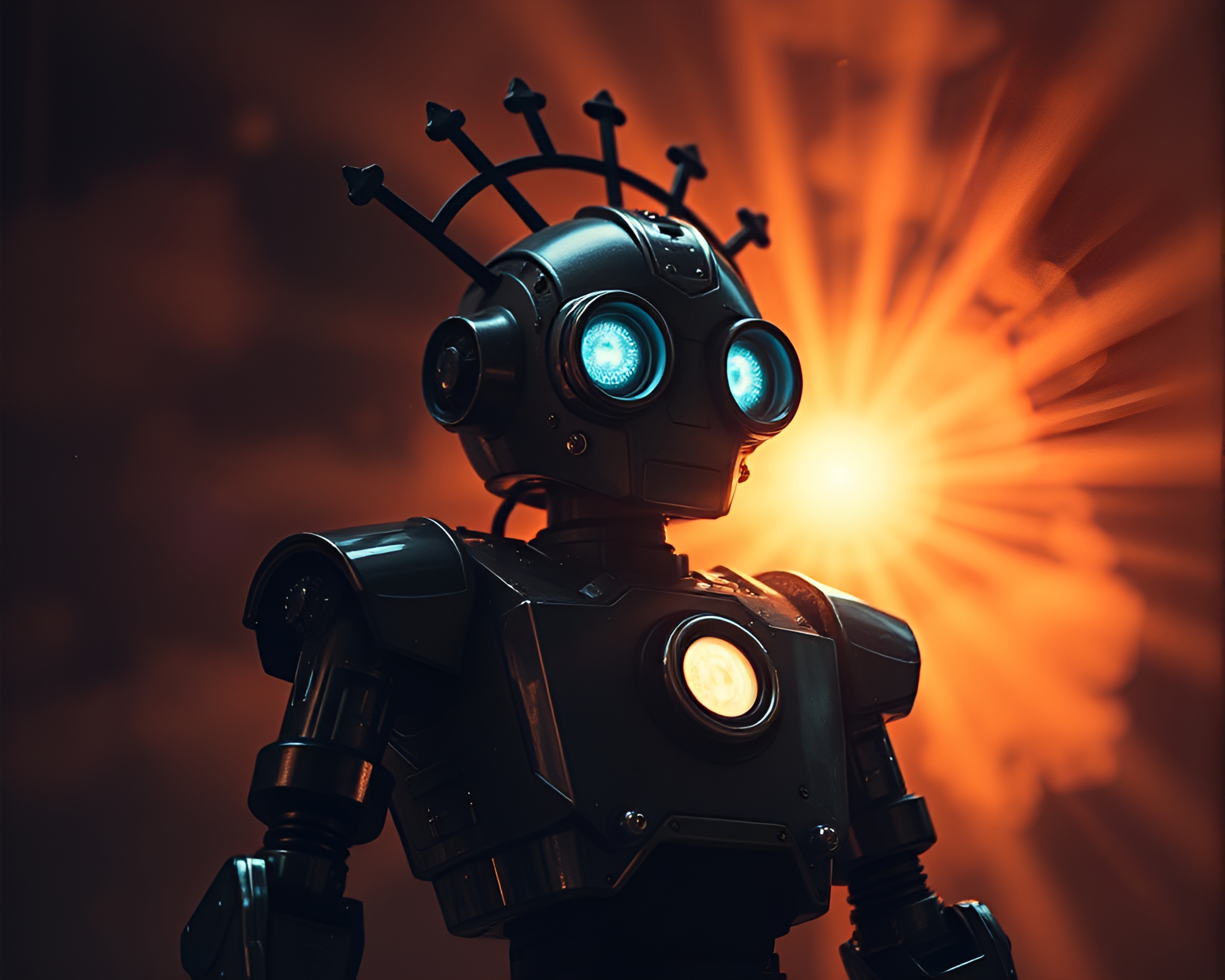 Steampunk Robot in Dusty God Rays Noir Scene – free AI stock image