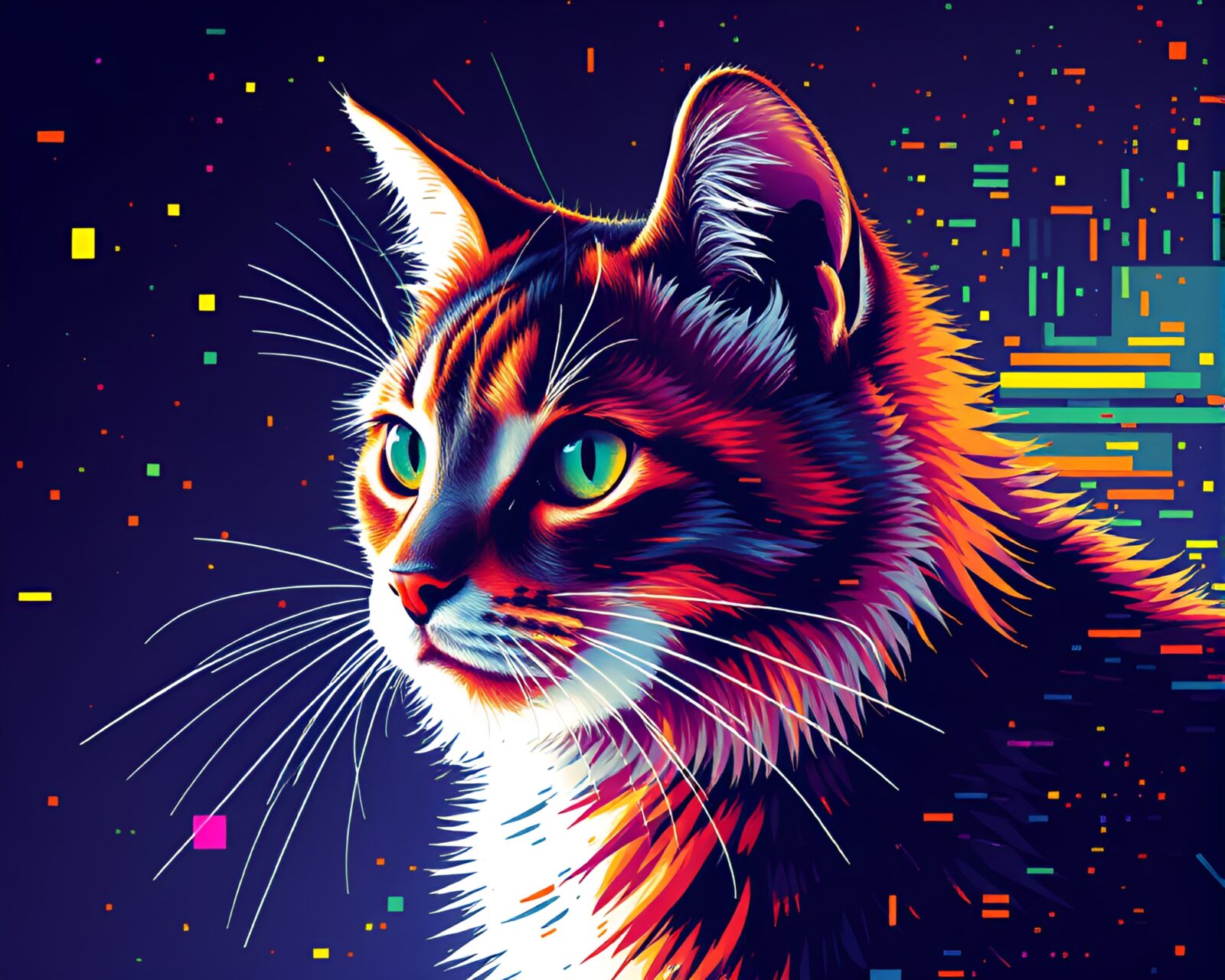 Abstract geometric portrayal of Schrodinger's cat in glitched hues