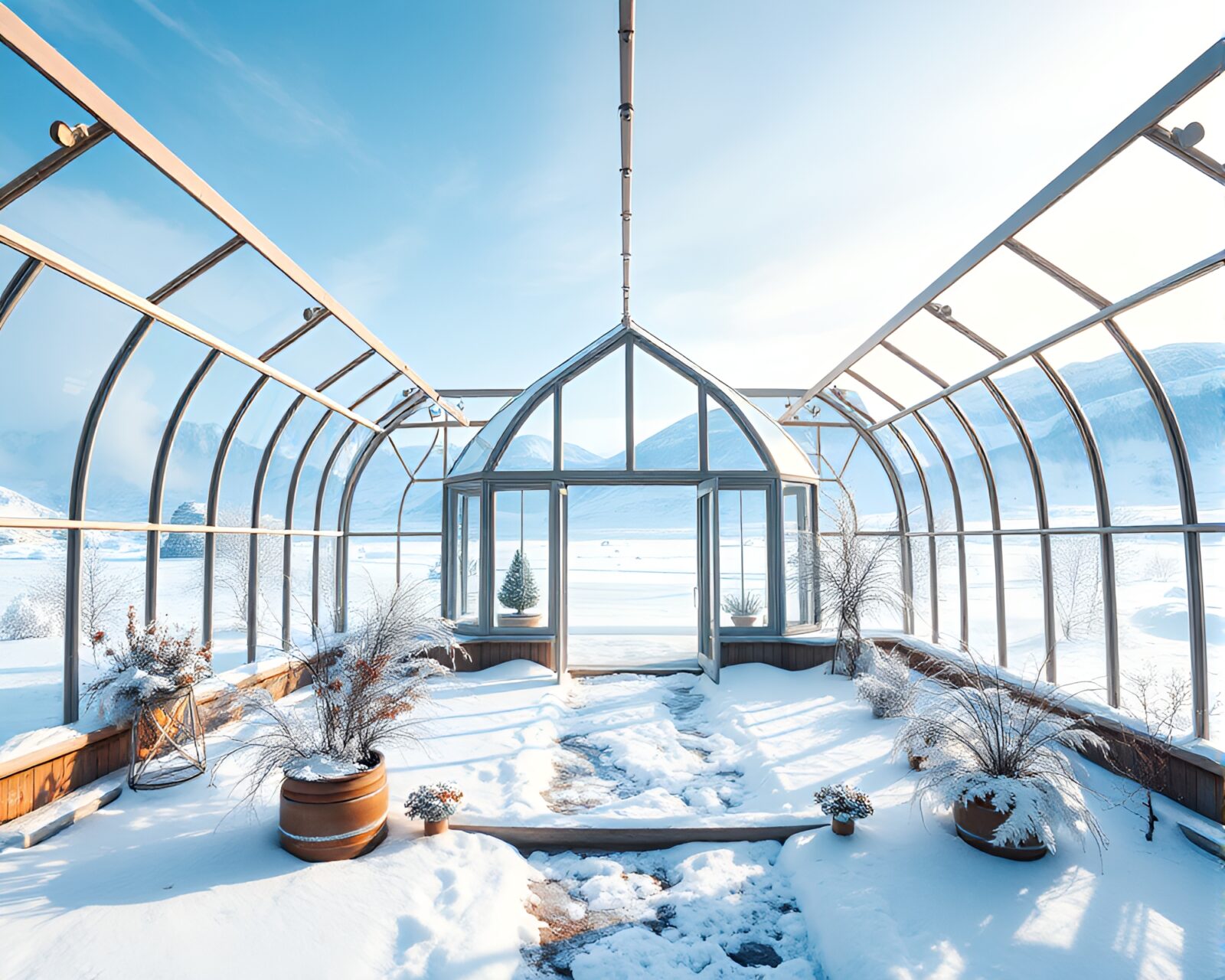 Wide-angle view of a mystical glass greenhouse in snowstorm