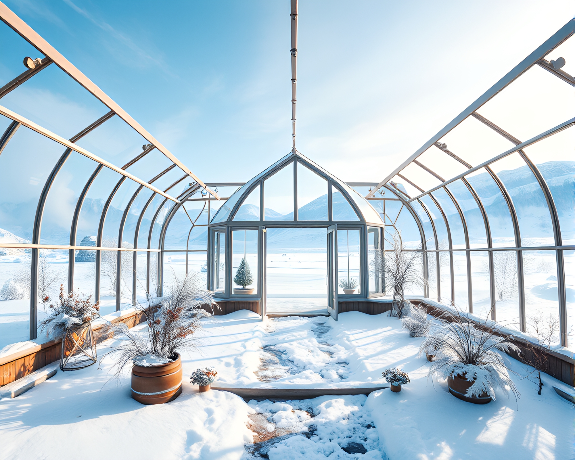Fantasy Glass Greenhouse in Antarctic Whiteout – free AI stock image