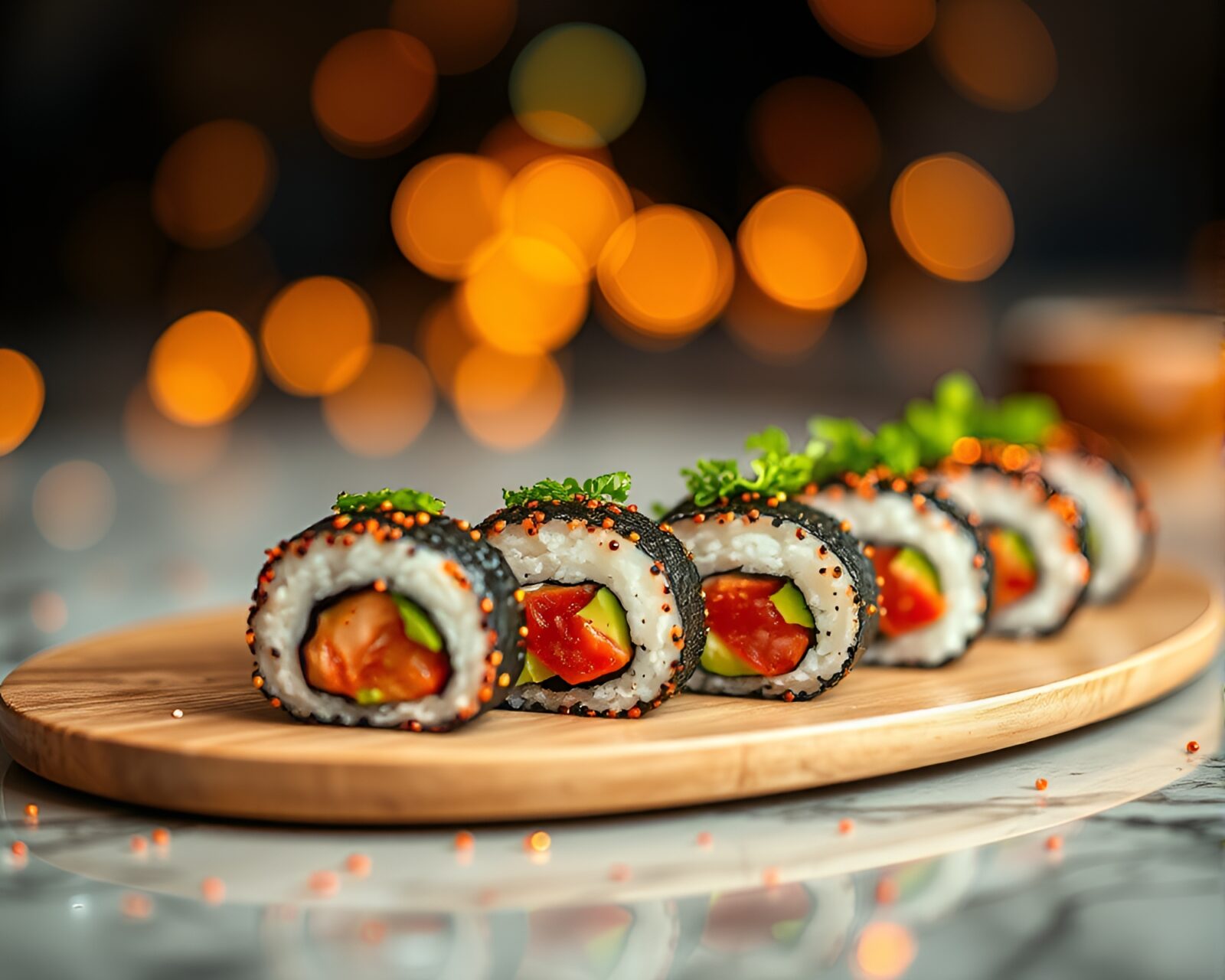 Colorful sushi platter rendered in pointillist dots with bokeh effect