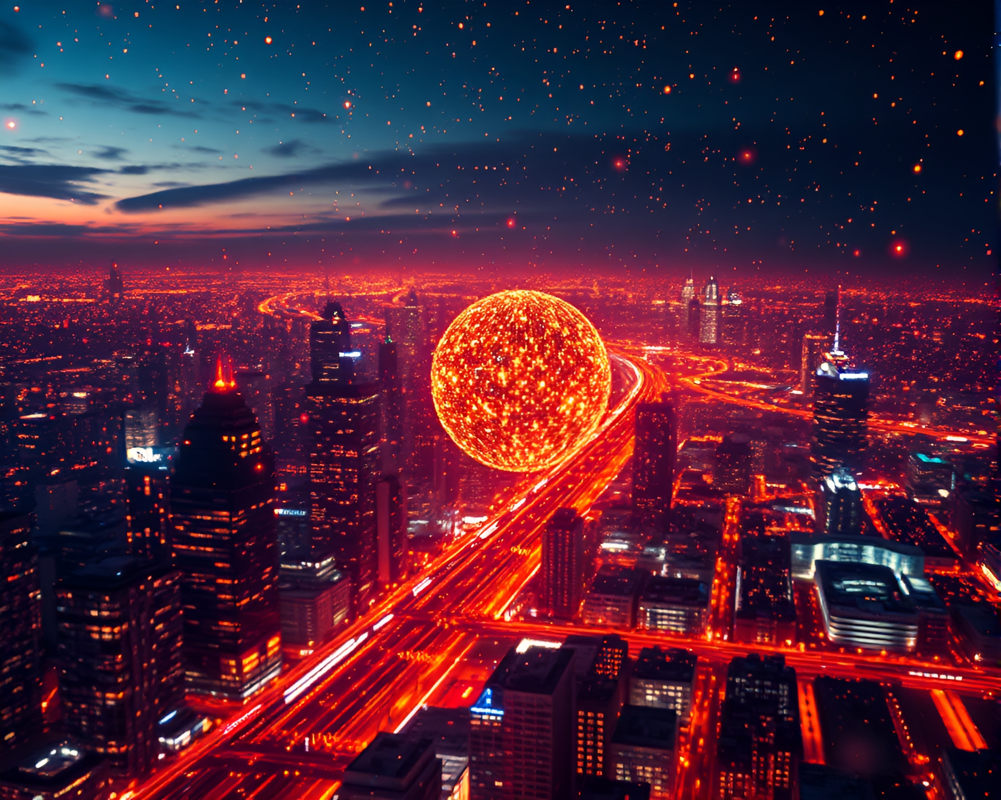 Virtual Cityscape With Floating Embers and Disco Ball Glow – free AI stock image
