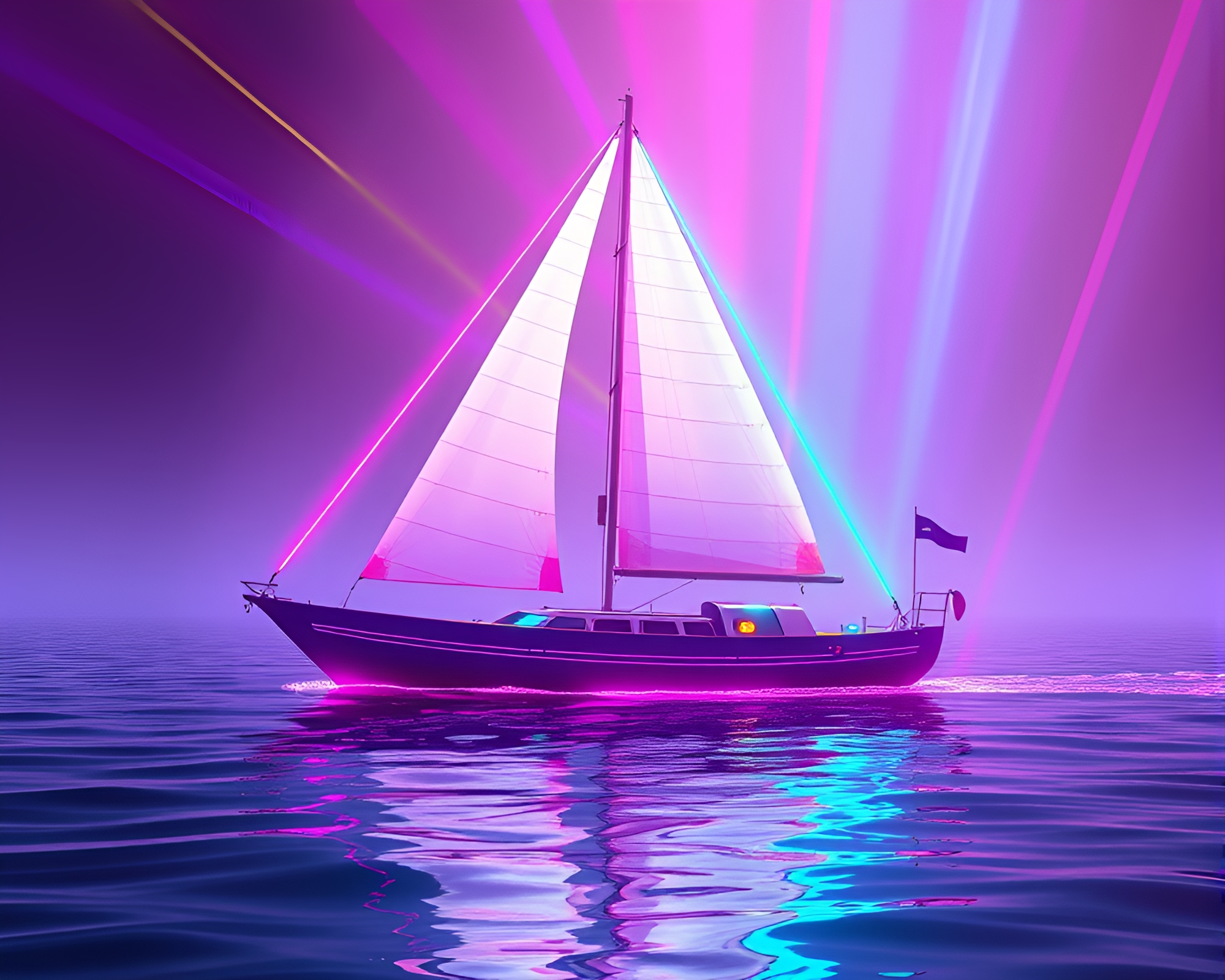 Solar Sailboat Sailing through Neon Laser Beams – free AI stock image