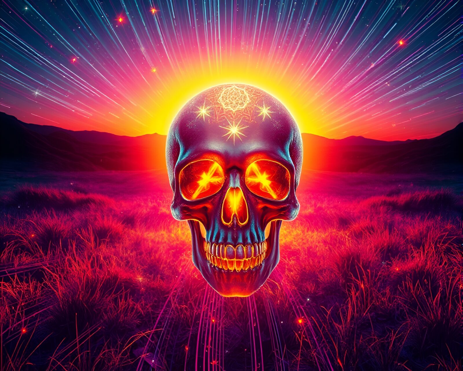 Digital art of crystal skull amidst swirling star trails at sunset