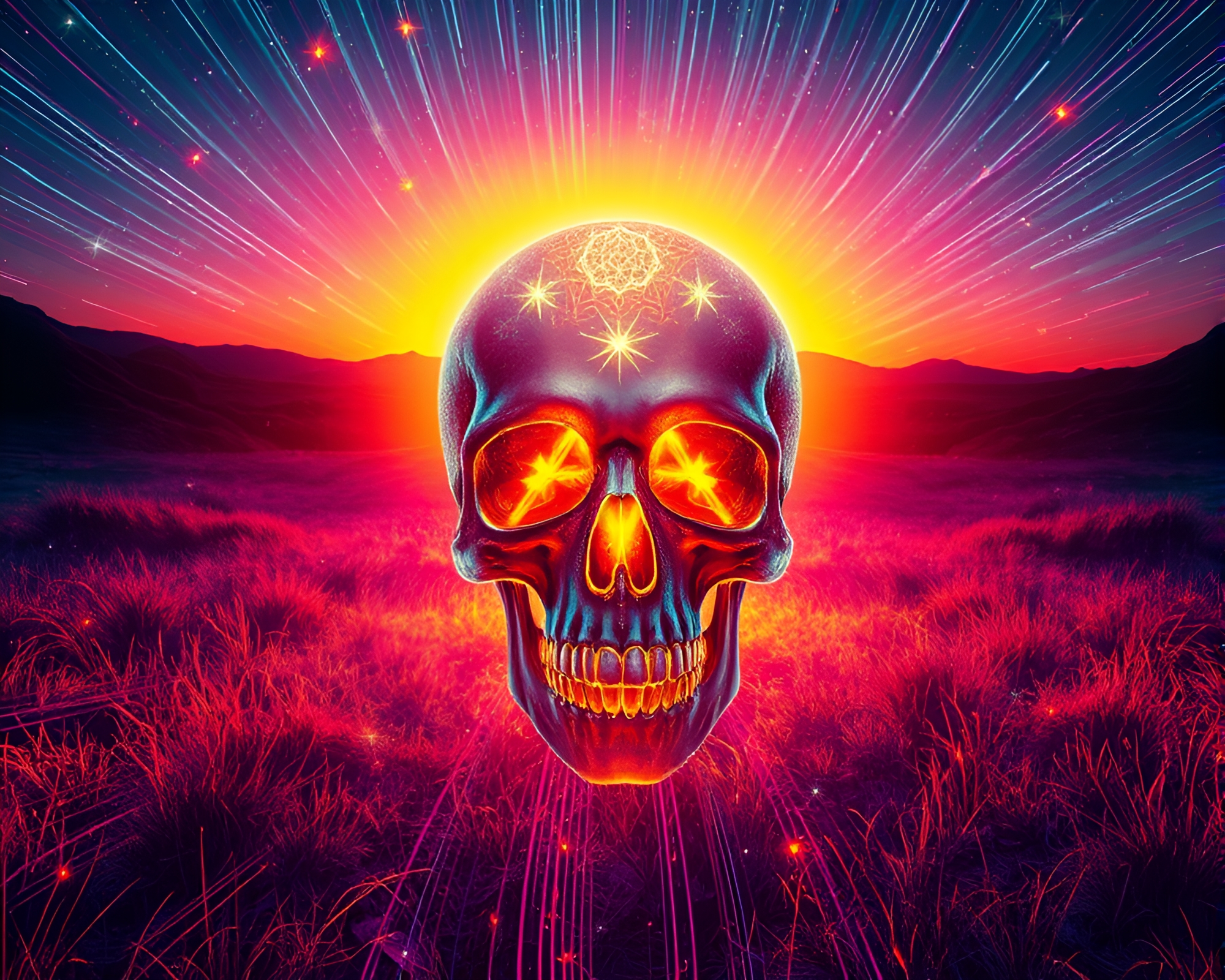 Enigmatic Crystal Skull in Glitched Sunset Star Trails – free AI stock image