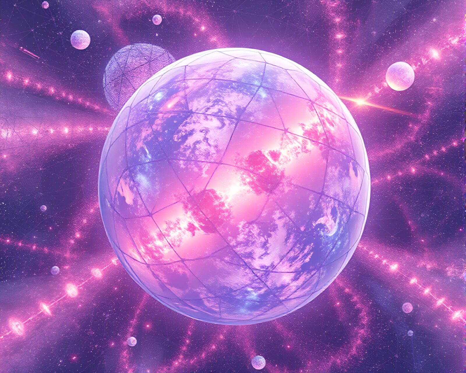 Abstract pastel-toned planets and intricate stitched patterns in space