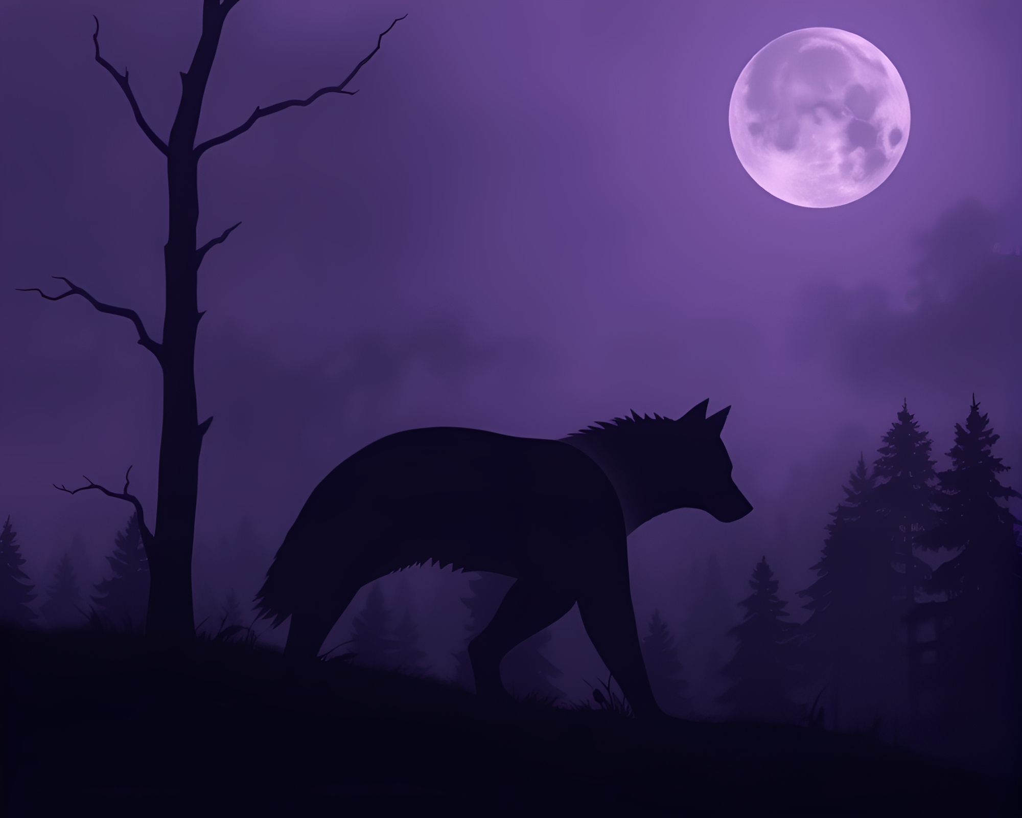Enigmatic Werewolf Silhouette in Amethyst Shadows – free AI stock image