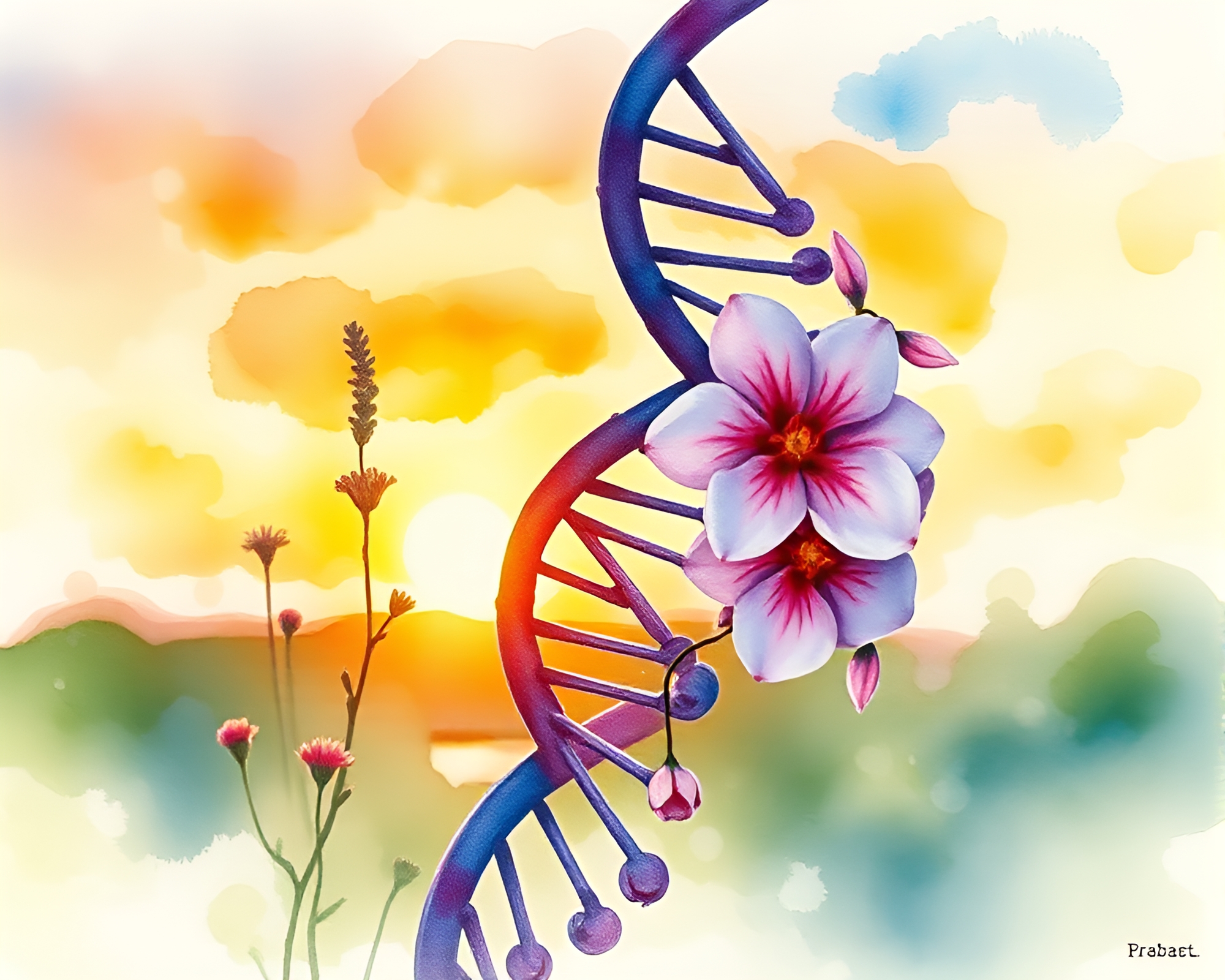 DNA Helix Watercolor Impressionist Sunset Painting – free AI stock image