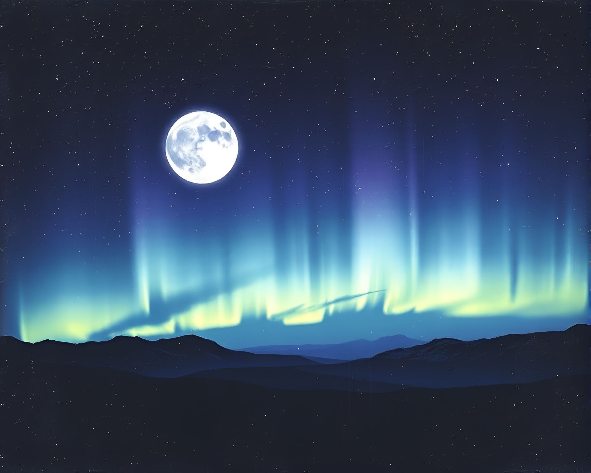 Moonlit Landscape Etching with Aurora Borealis – free AI stock image