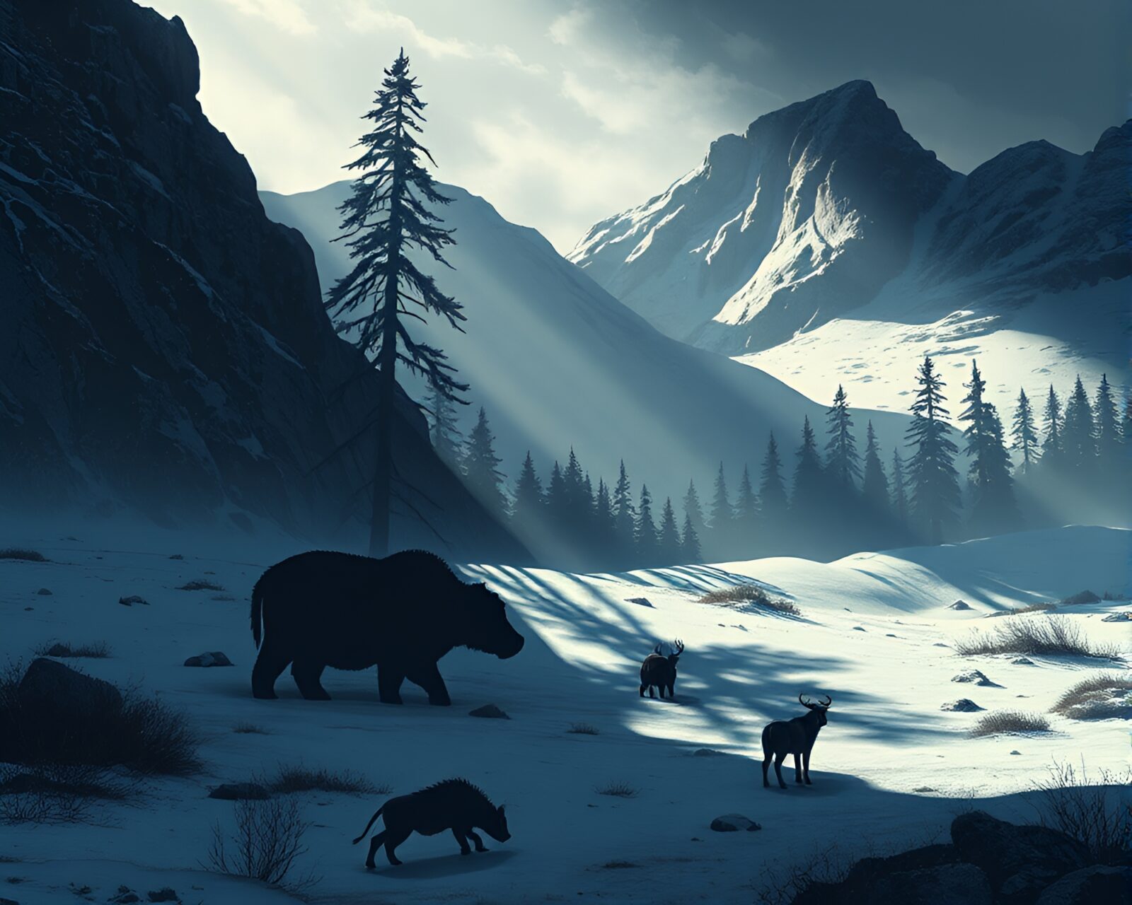 Muted shadow cast over mystical creatures on icy tundra