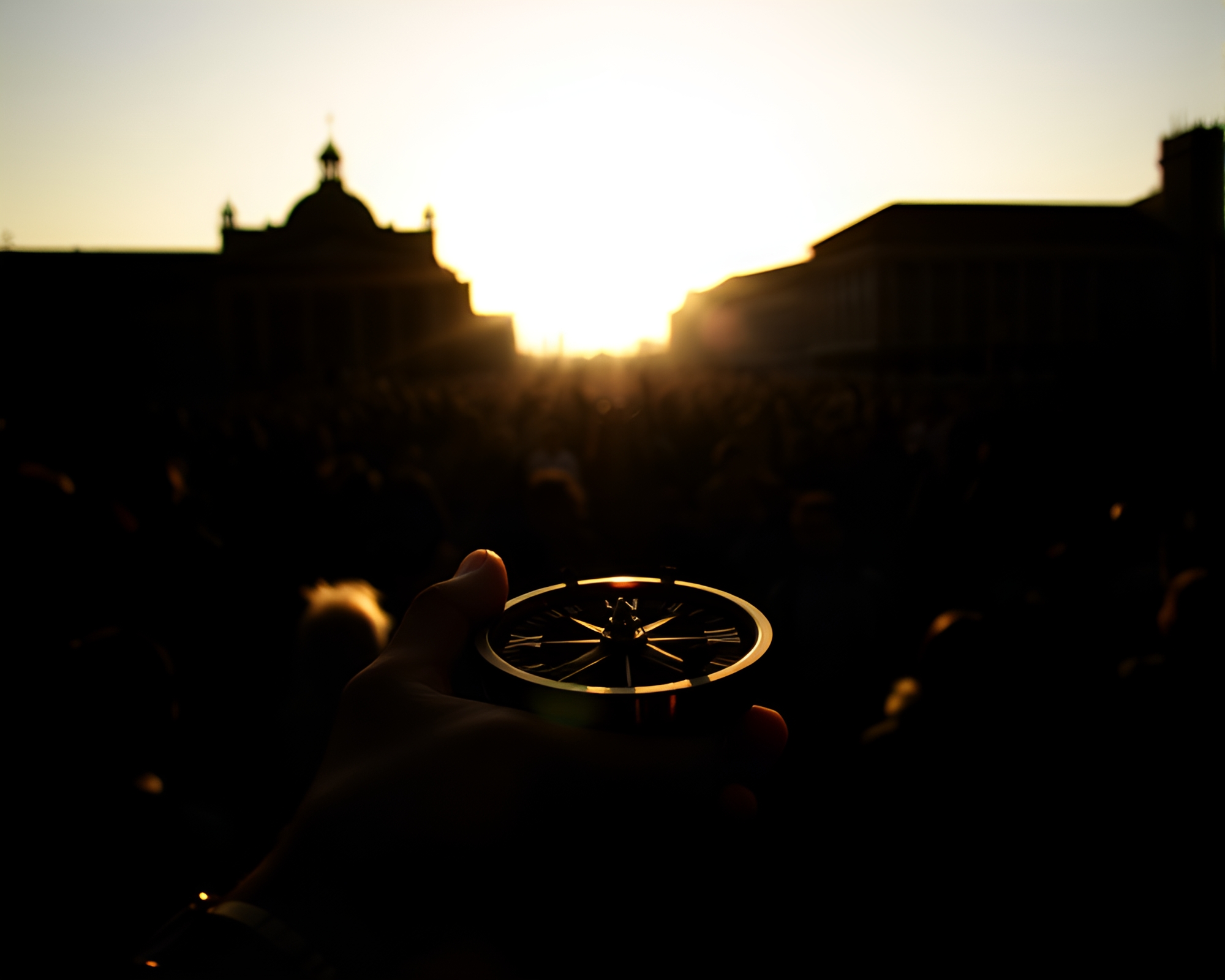 Crowd Silhouette Gathered Under Pocket Sundial’s Glimmer – free AI stock image