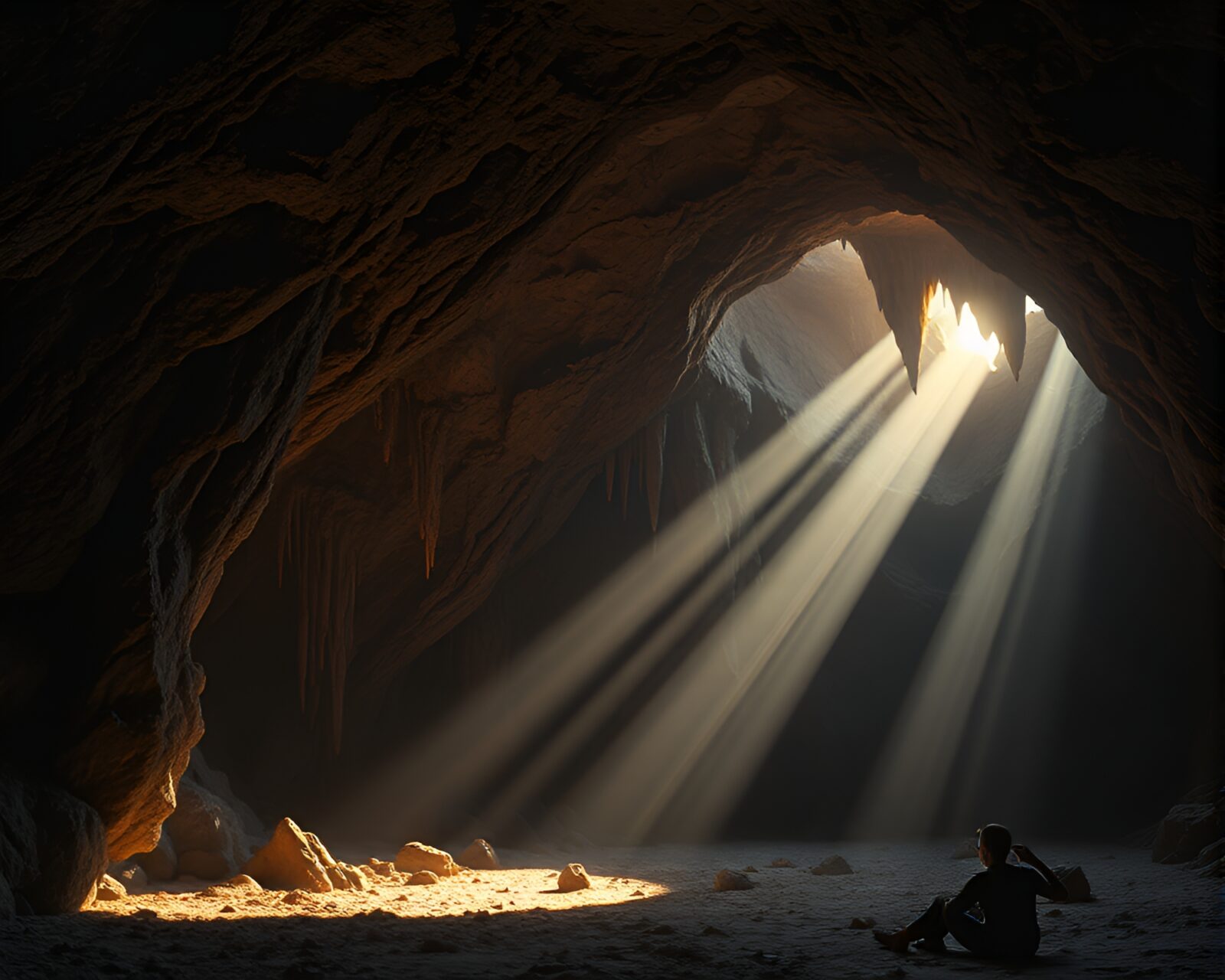 Dystopian cave with dramatic lighting and shadow play
