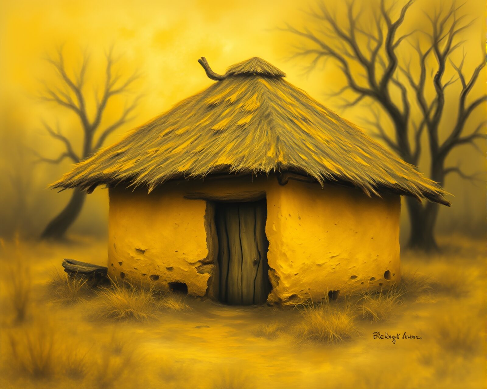 Softly blurred image of a monochrome yellow mud hut