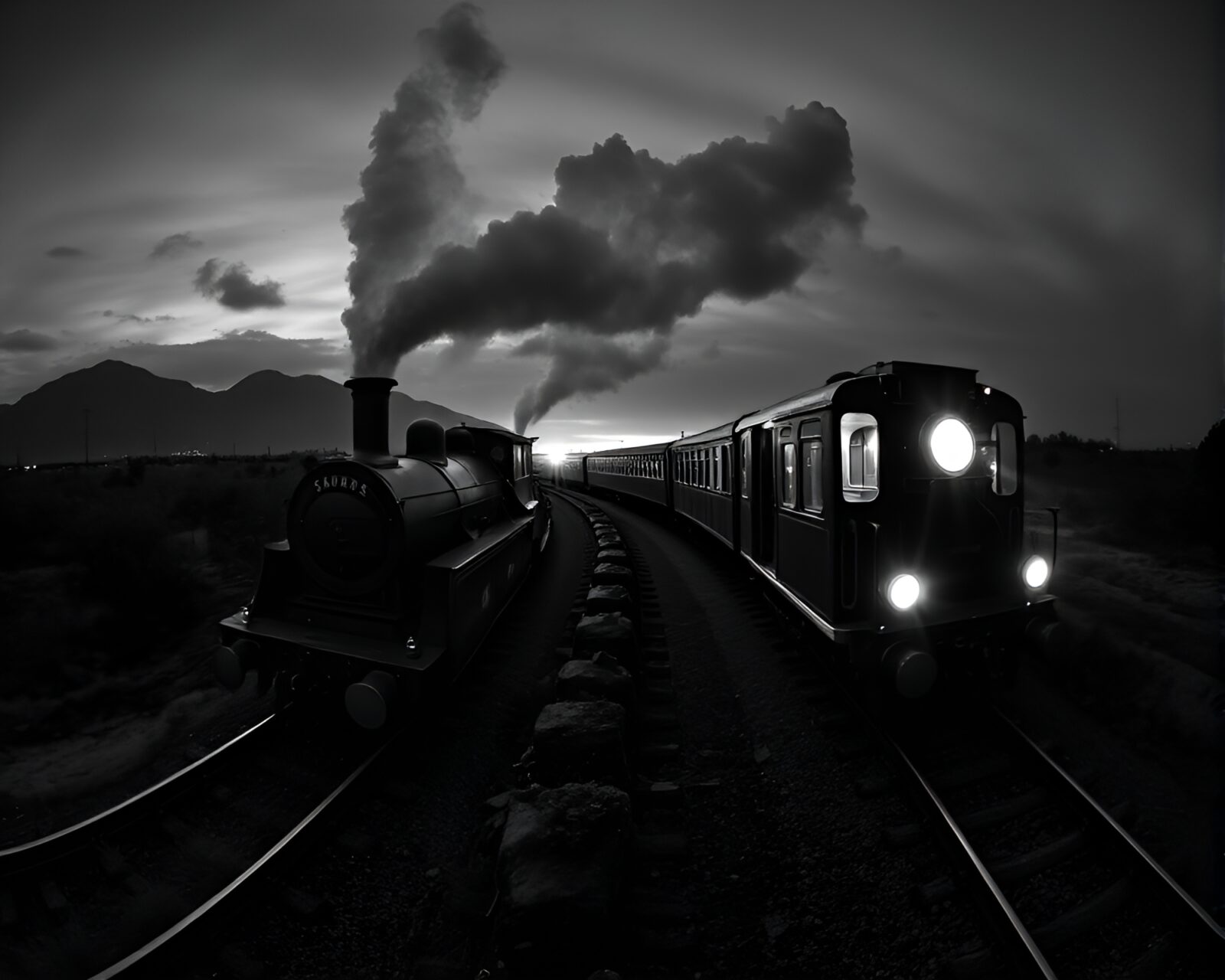 Ethereal magic train illuminating mist-covered monochrome landscape panorama