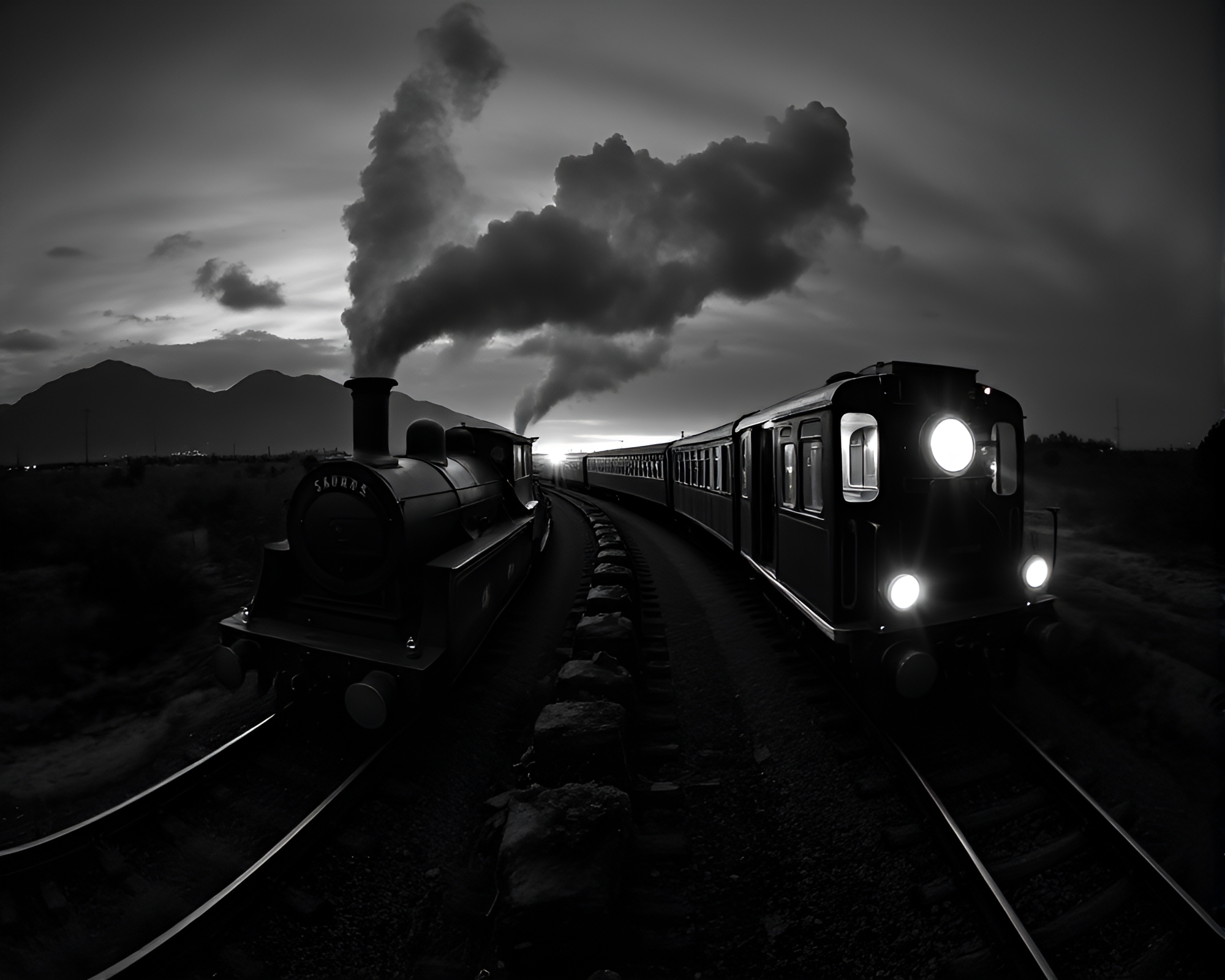 Sorcery-Lit Train Panorama Through Monochrome Dreamscape – free AI stock image