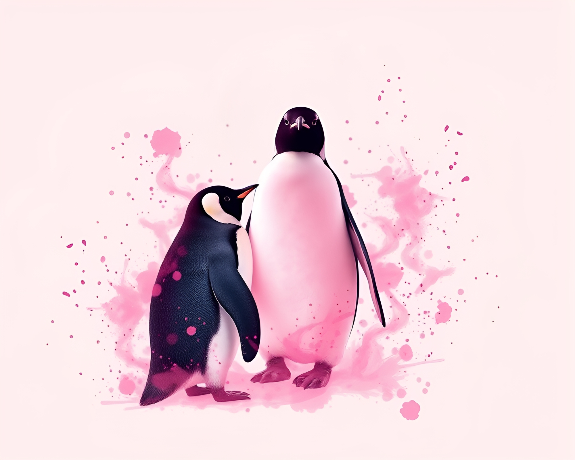 Fluorescent Penguin in Blush Pink Ink Splash World – free AI stock image