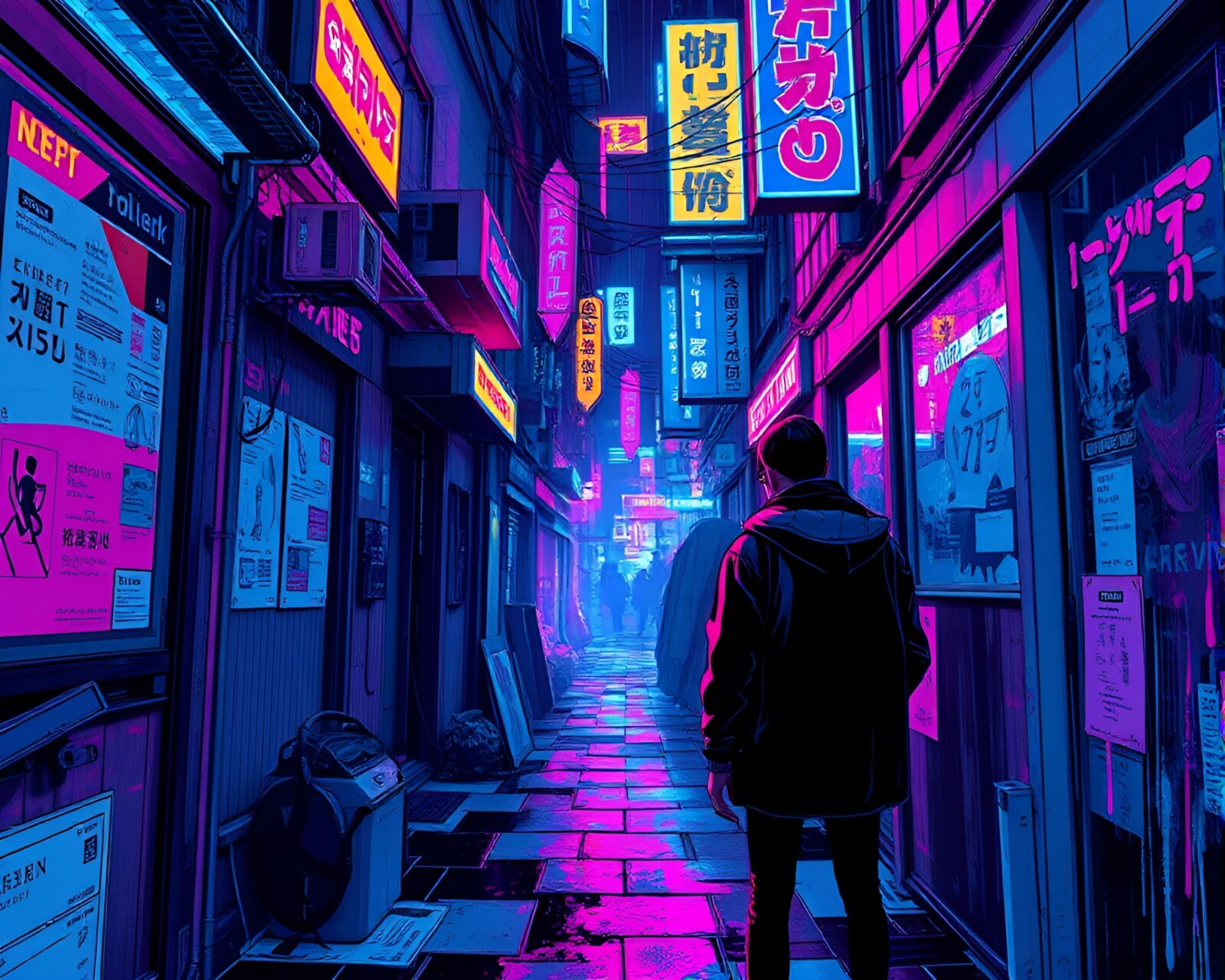 Vibrant cyberpunk alleyway with fashionable figures under neon lights