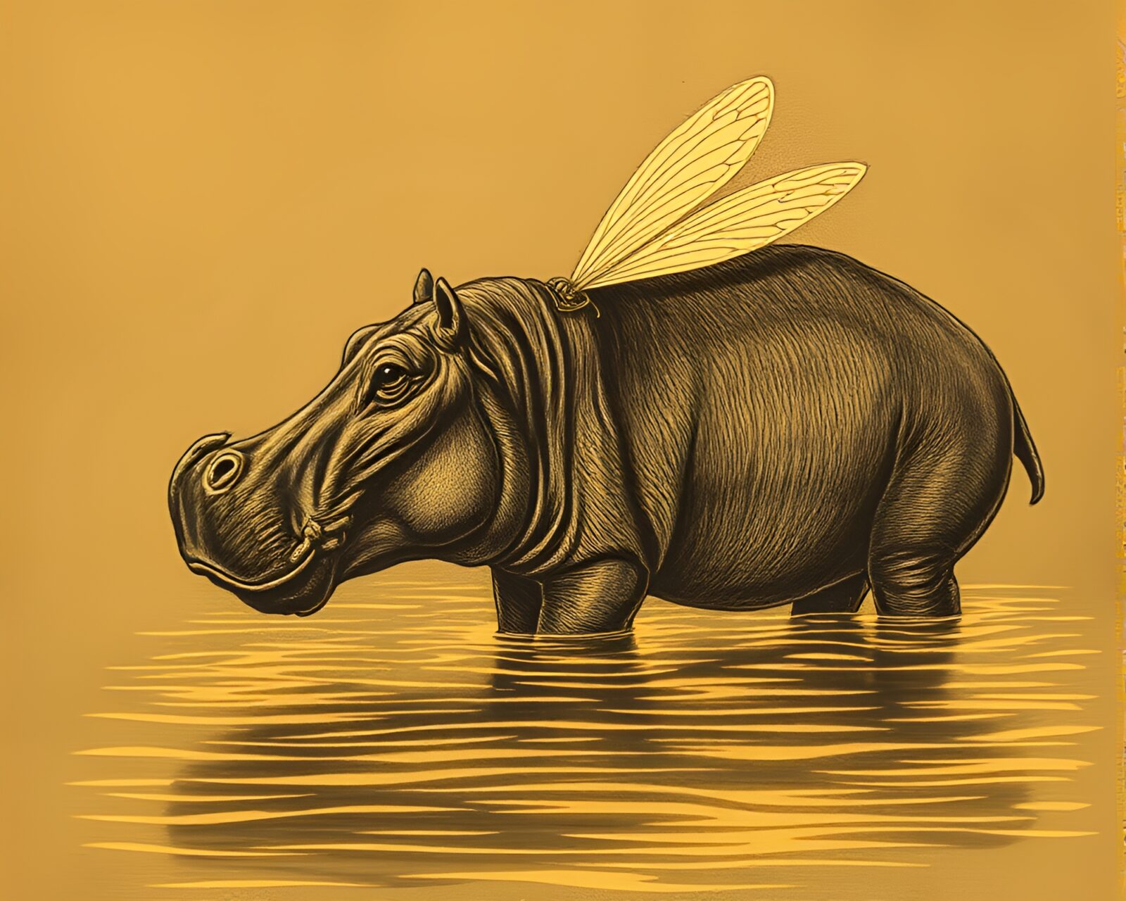 Detailed etching lines showing a glowing hippopotamus at night