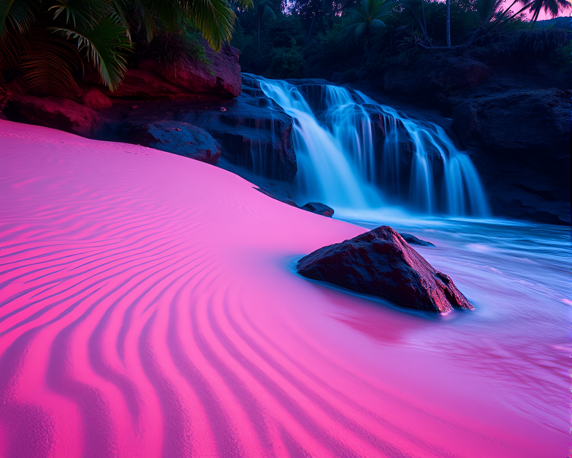 Tropical Waterfall Sunrise: Sand Swirls in Blue Hour Light – free AI stock image