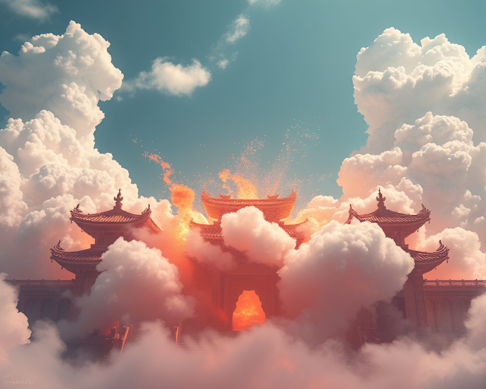 Temple engulfed by vibrant digital explosion cloud, cloth-like textures