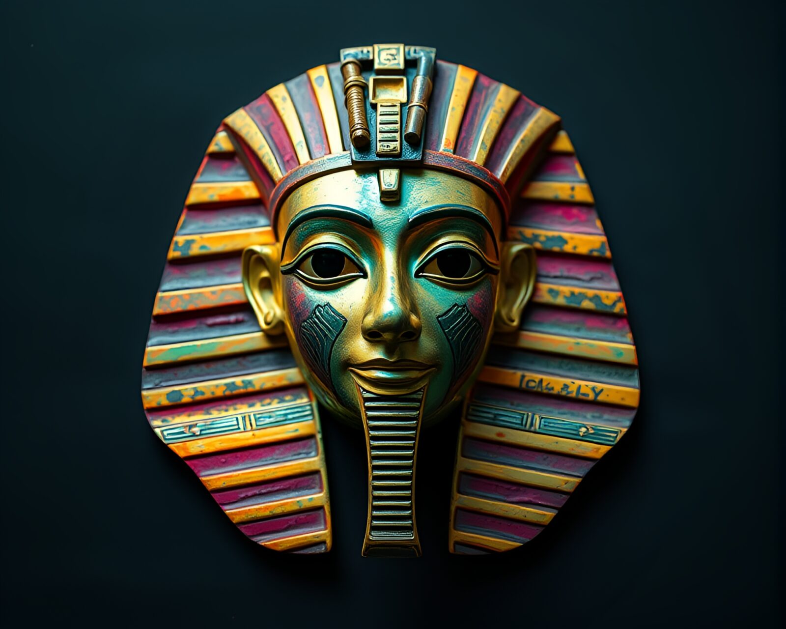 Egg tempera painting of a glowing ancient Egyptian mask amidst pastel leaf litter